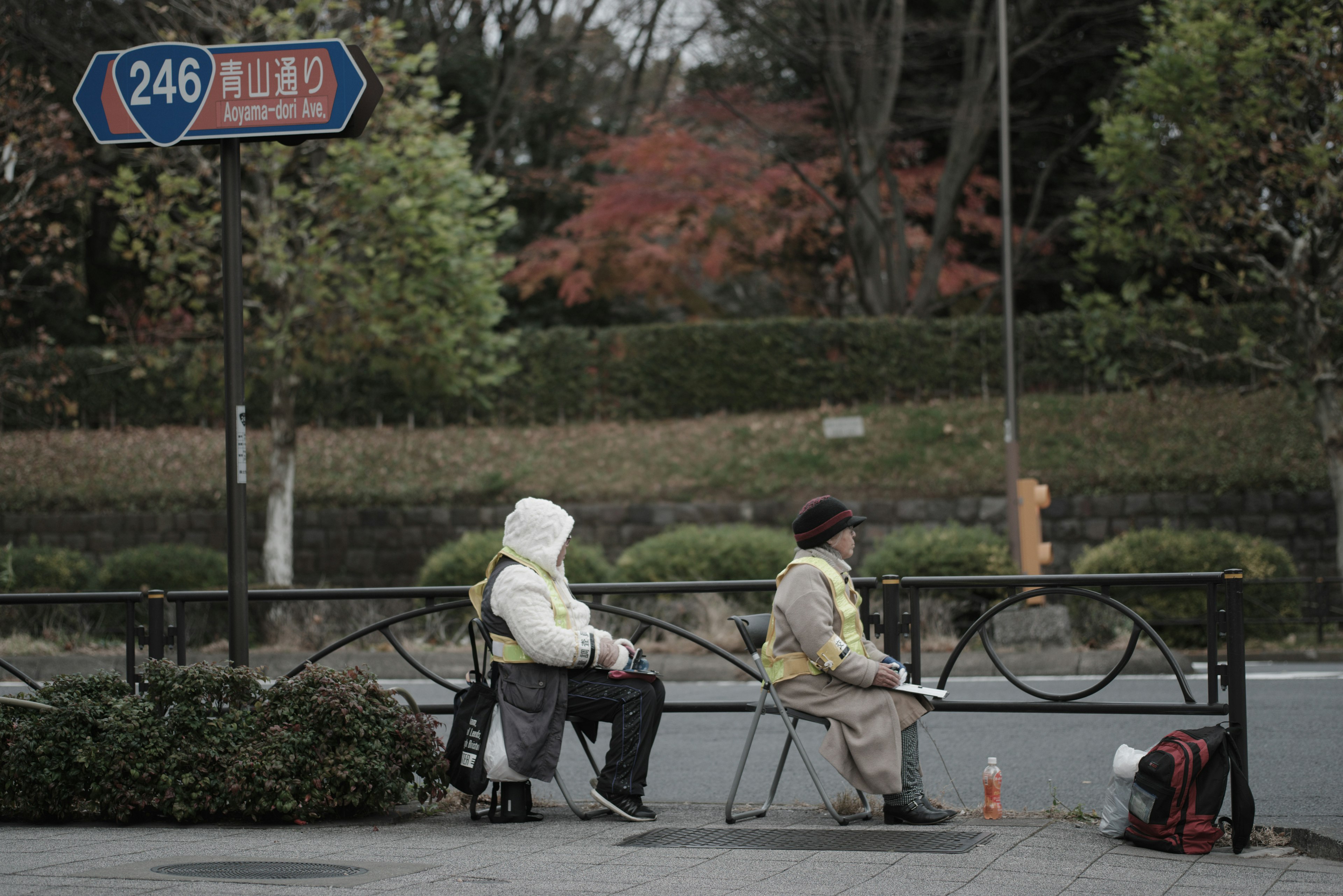 ผู้คนสองคน sitting บนม้านั่งในสวนกับสีฤดูใบไม้ร่วงอยู่เบื้องหลัง