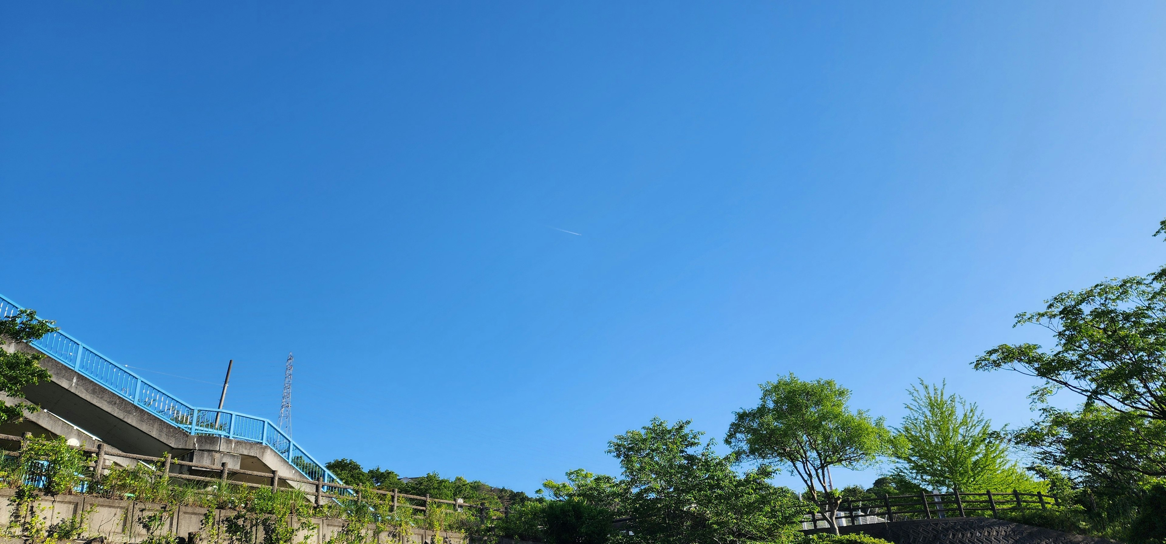 Ciel bleu clair avec des arbres verts et une structure en arrière-plan