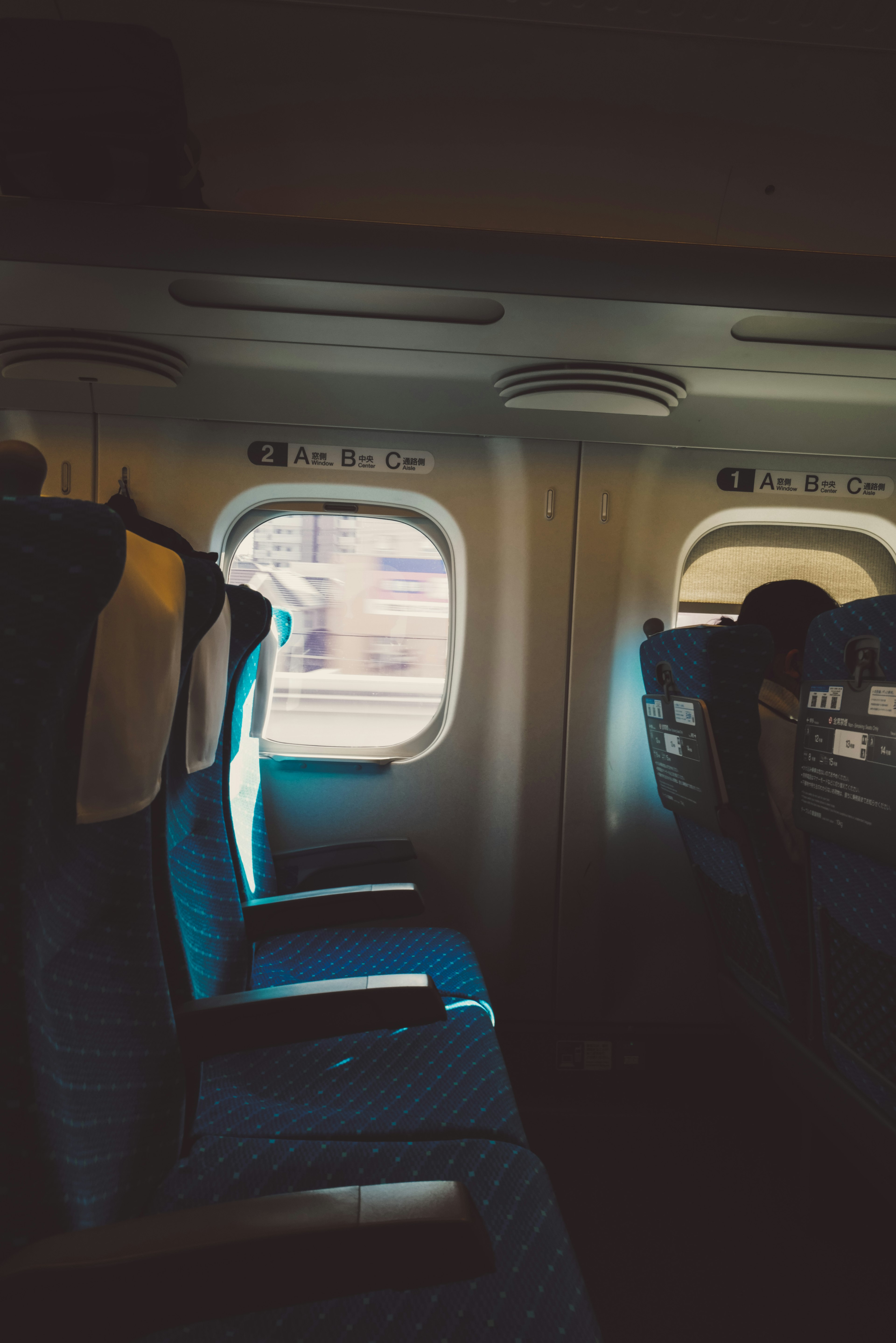 Interno di un aereo con sedili blu accanto a un finestrino