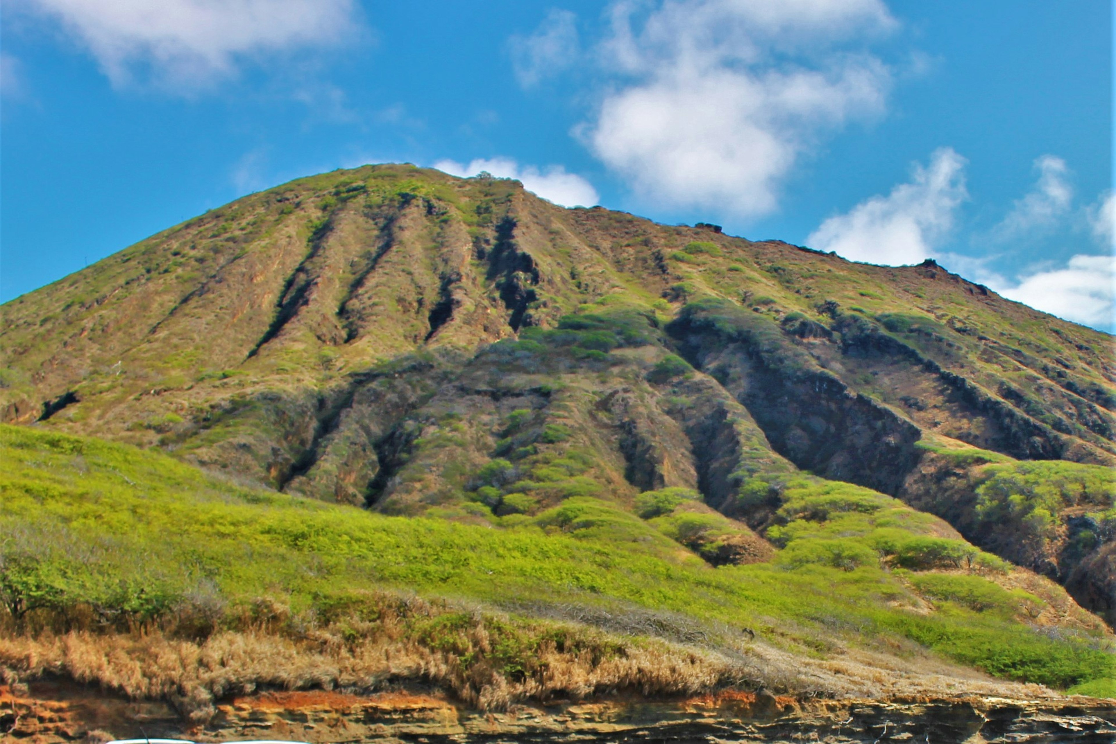 Bergseite bedeckt mit grünem Gras unter einem blauen Himmel