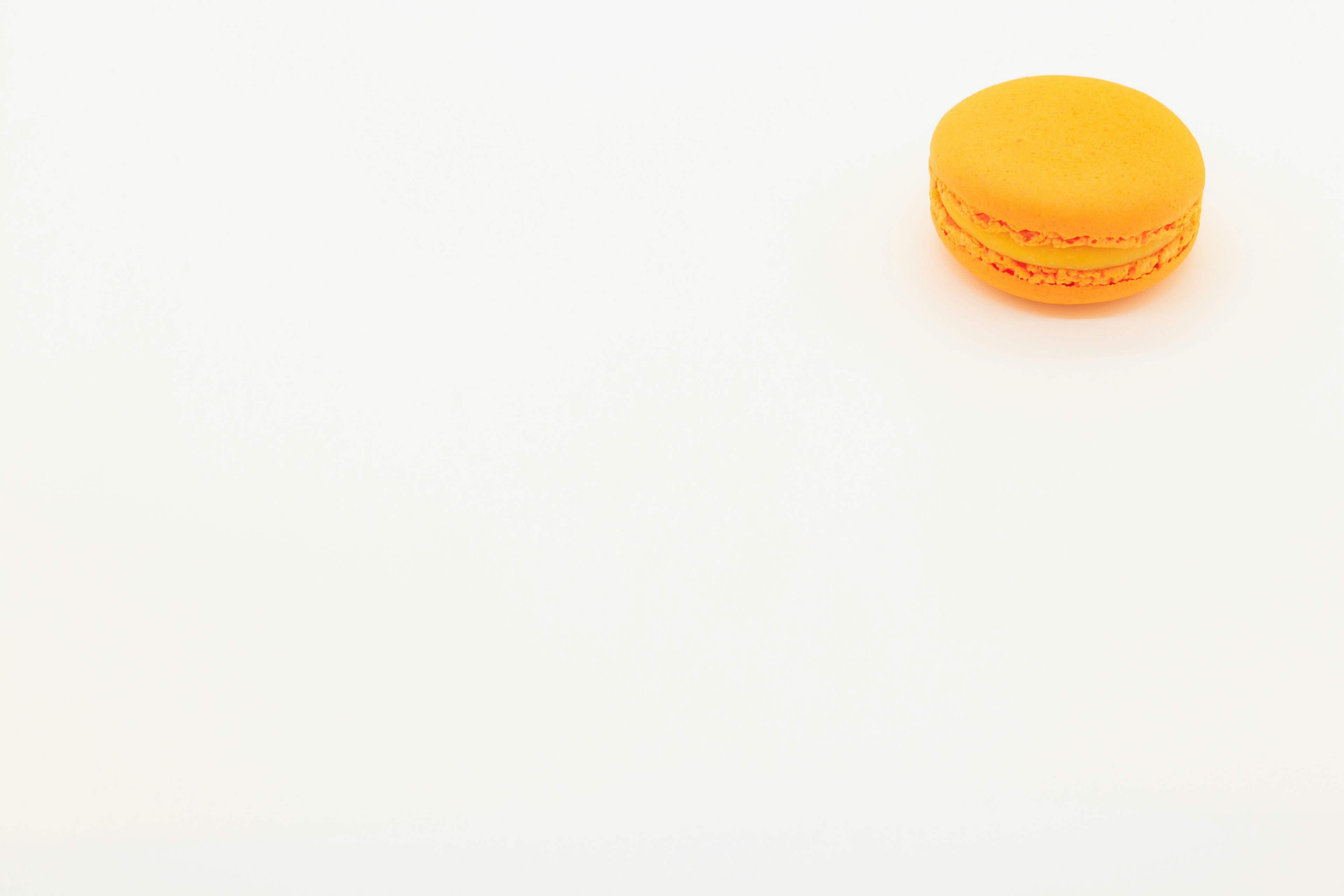 Macarón naranja brillante colocado sobre un fondo blanco