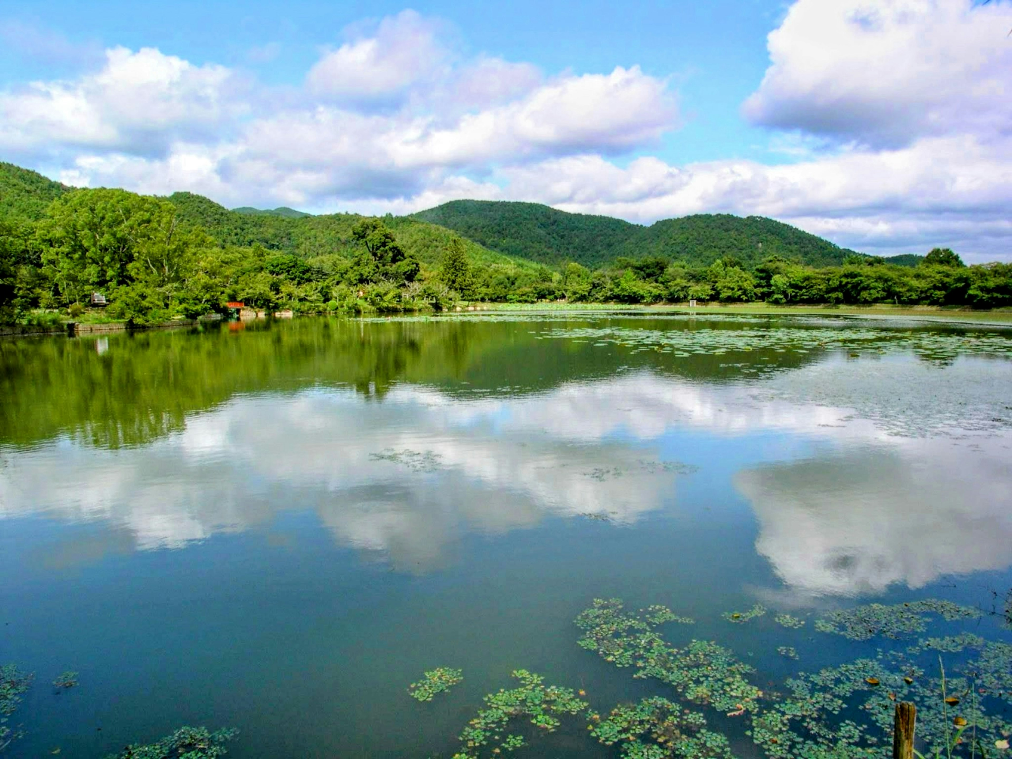 Ruhiger See mit Reflexionen des blauen Himmels umgeben von grünen Hügeln