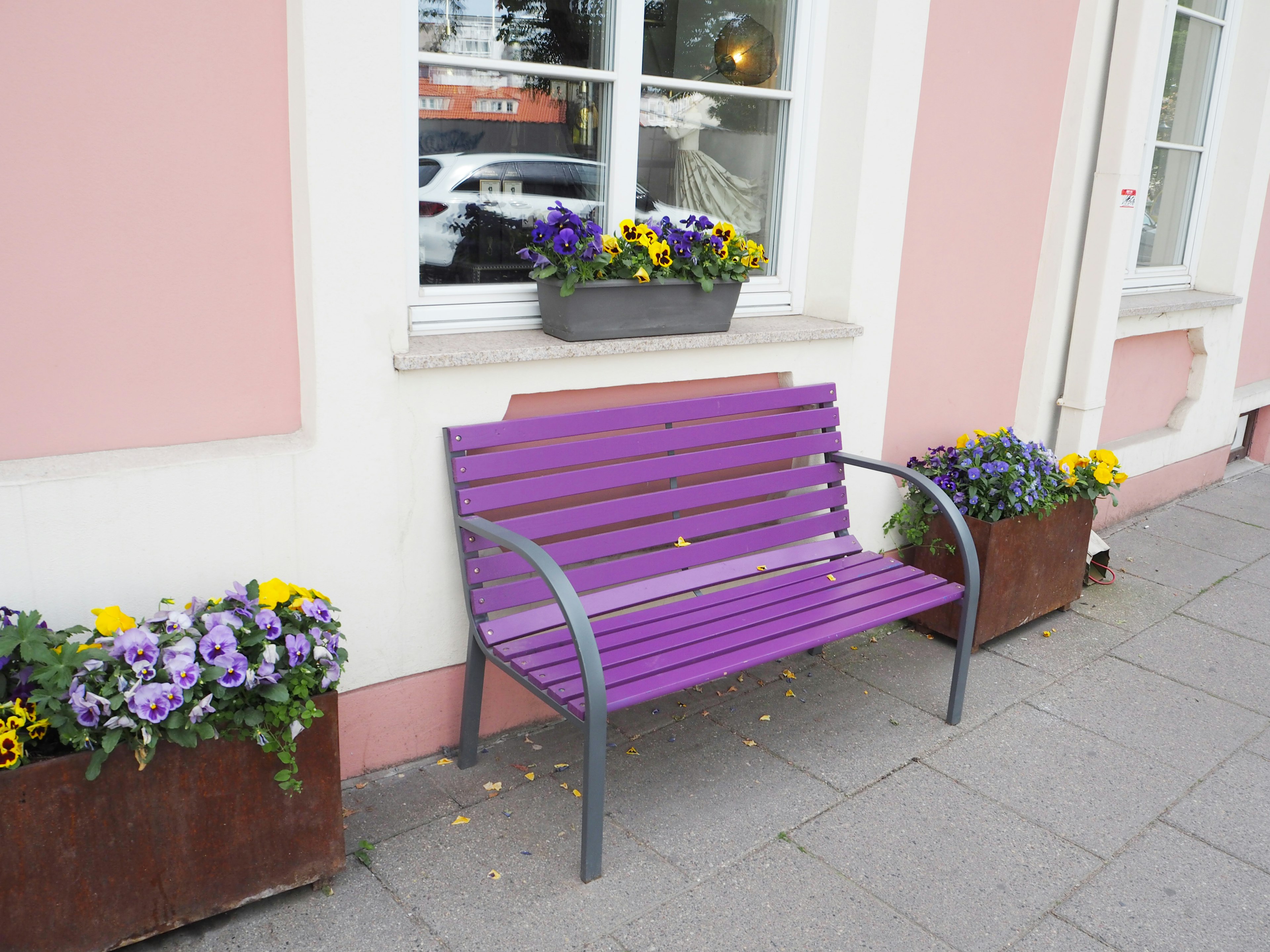 Purple bench in front of a pink wall with flower pots