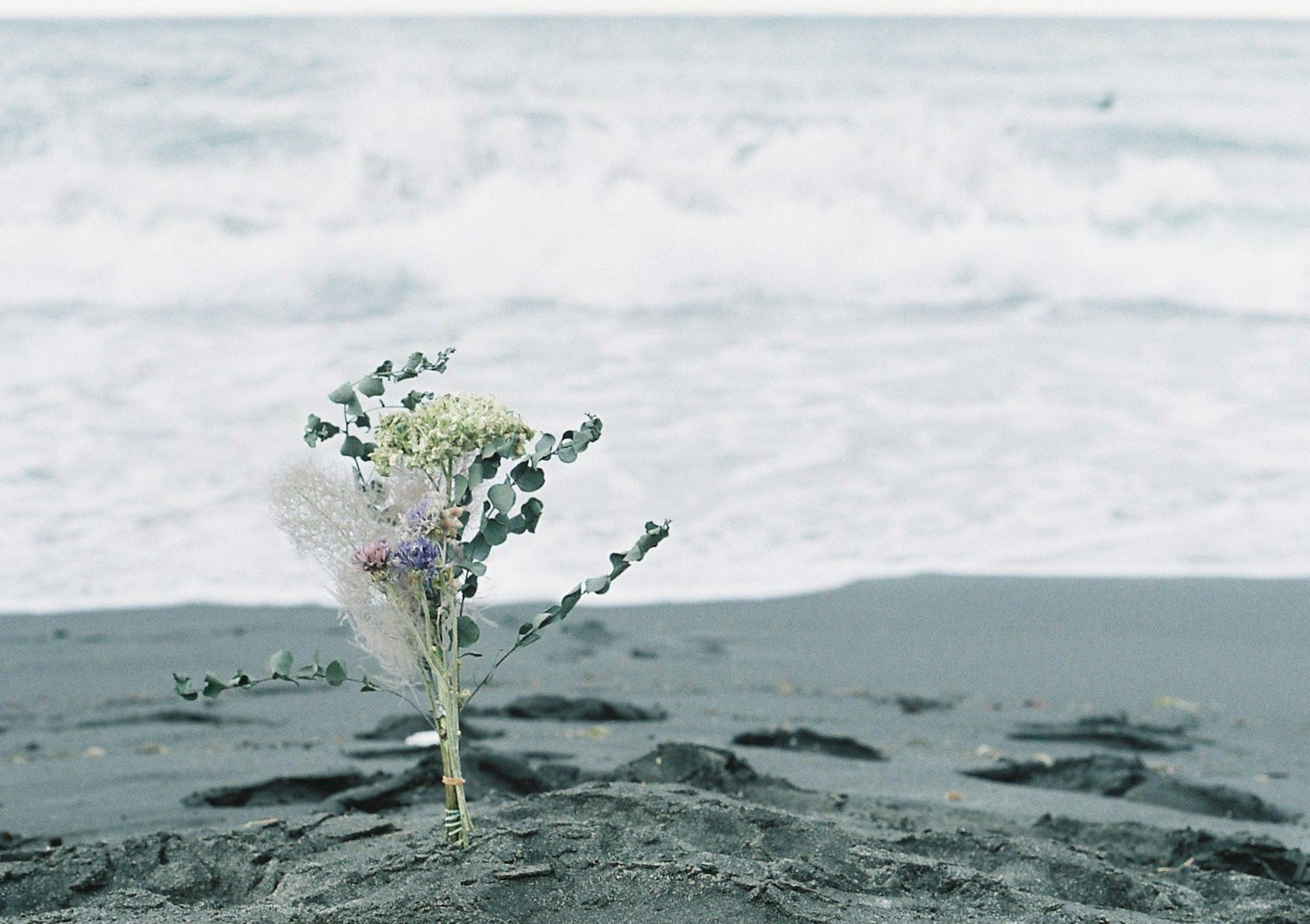 海辺の黒い砂浜に立つ花束と波