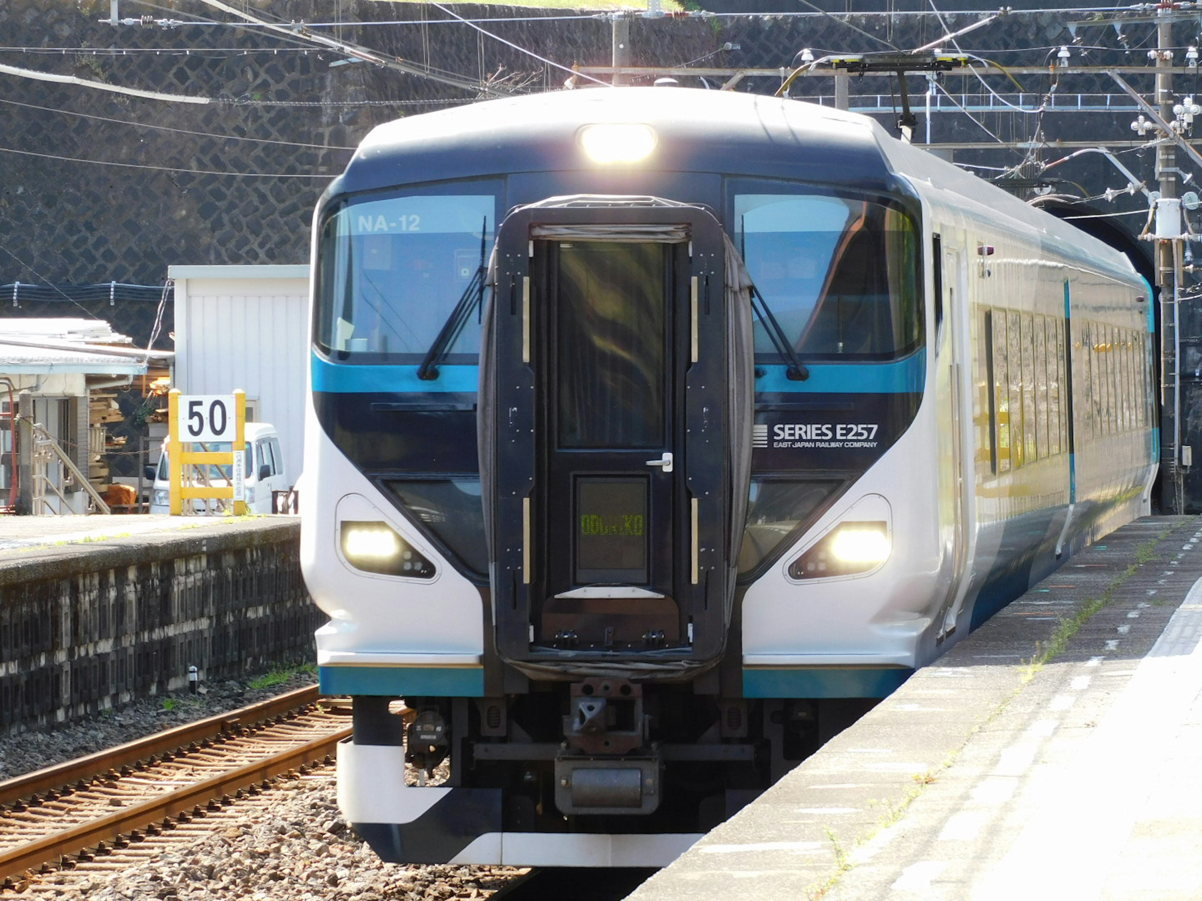 A modern blue and white train arriving at a station