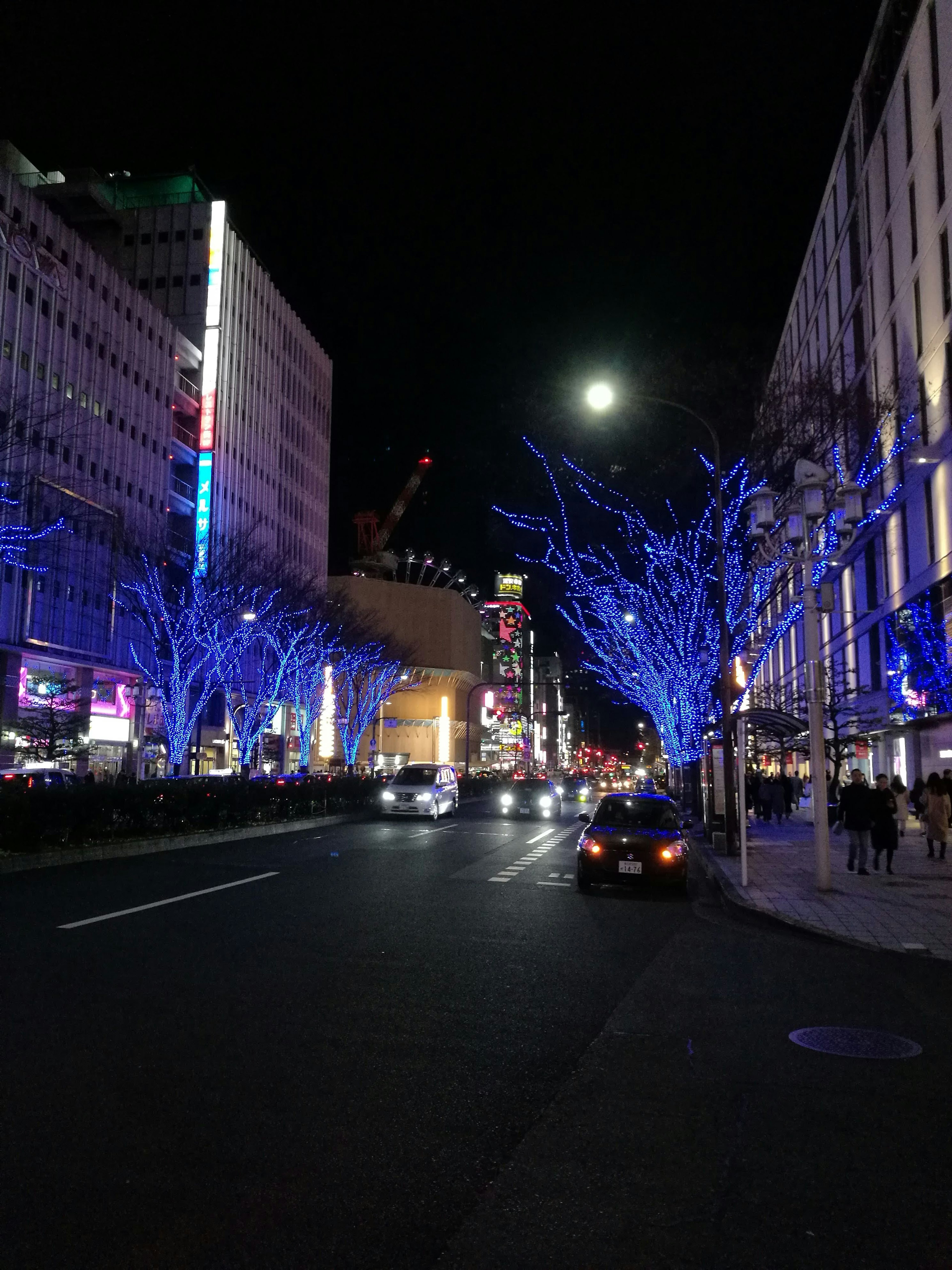 Strada della città di notte con alberi illuminati di blu