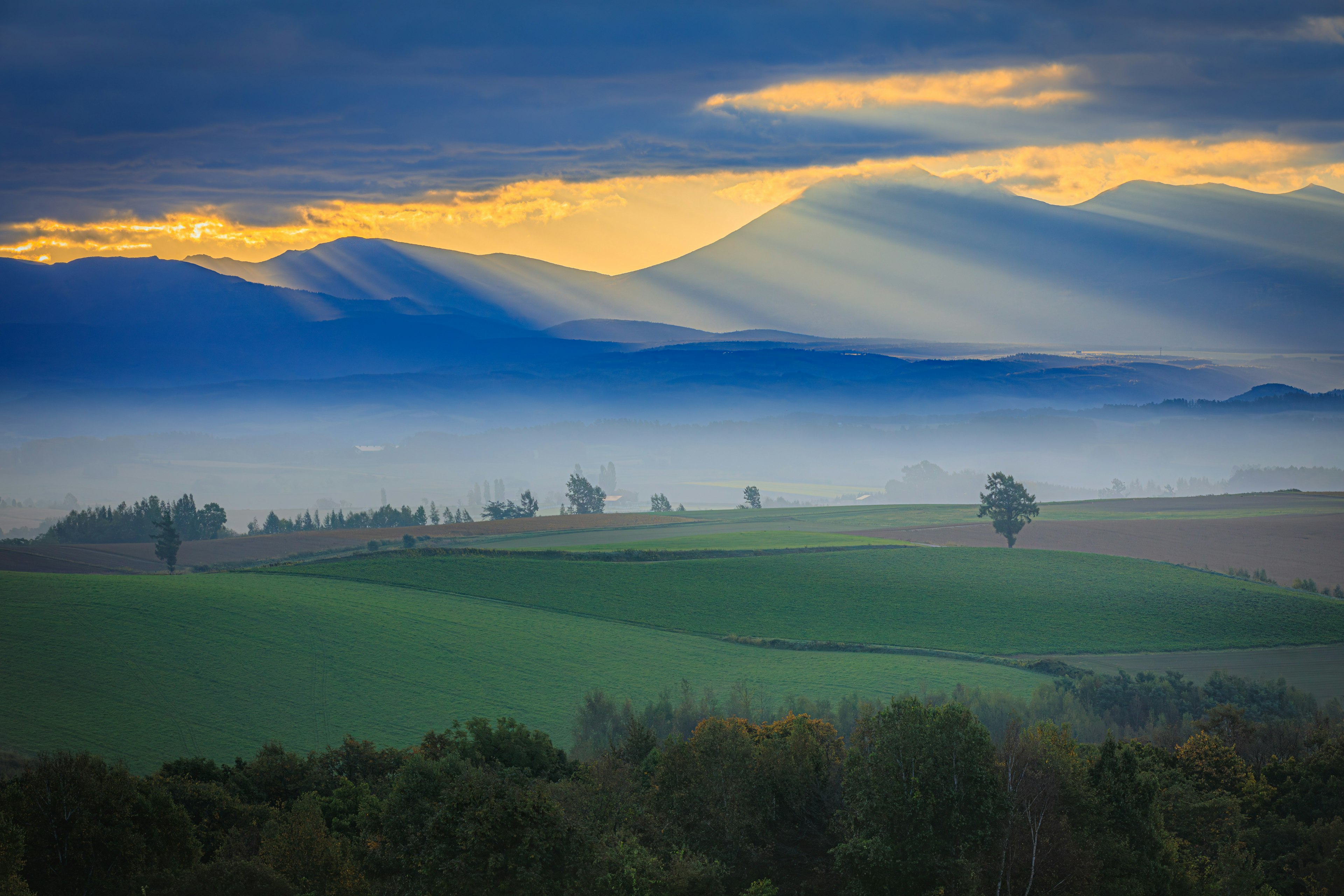 Landschaft mit blauen Bergen und nebligen grünen Feldern bei Sonnenaufgang