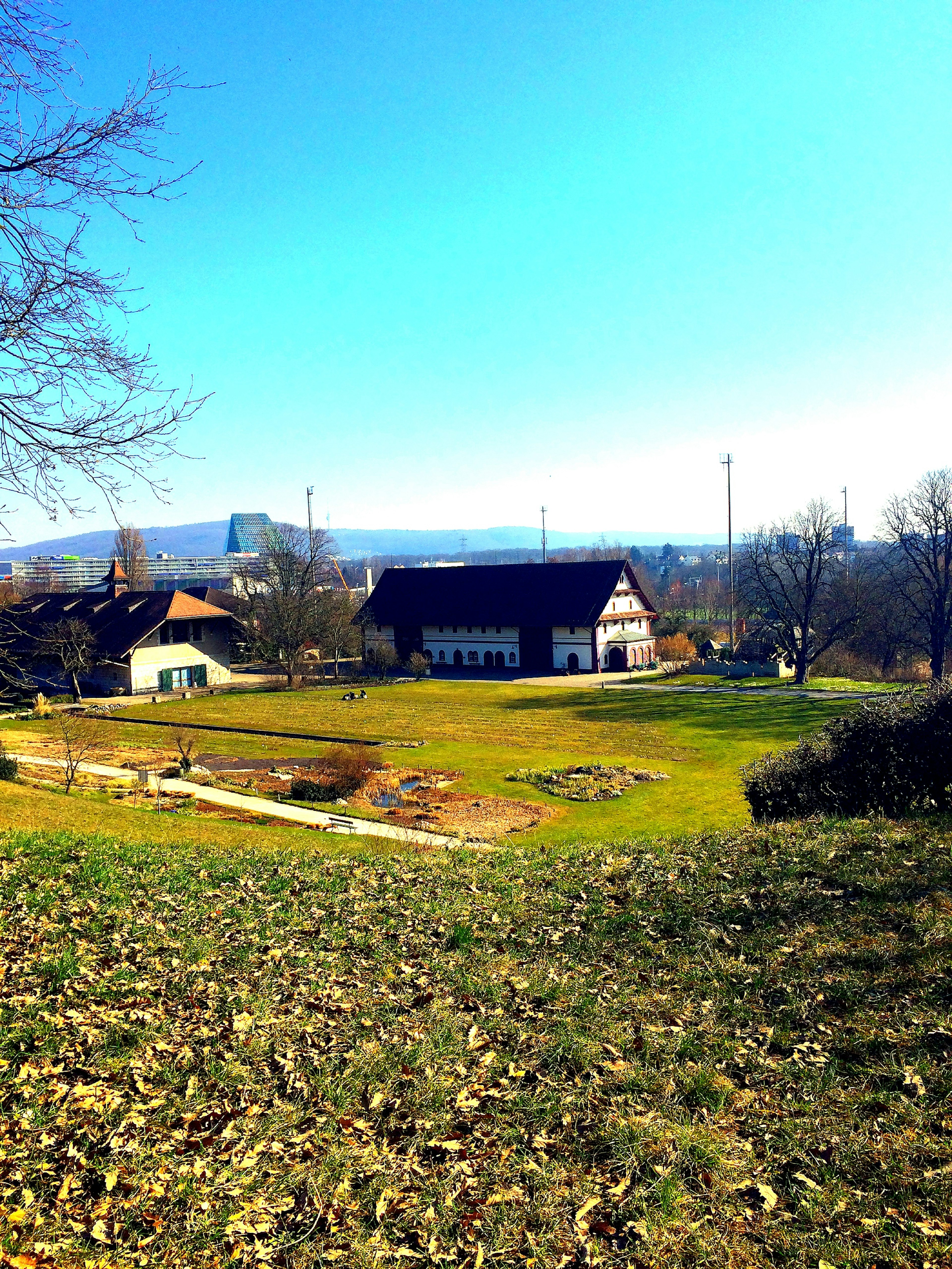 A scenic view of green fields and traditional farmhouses under a clear blue sky