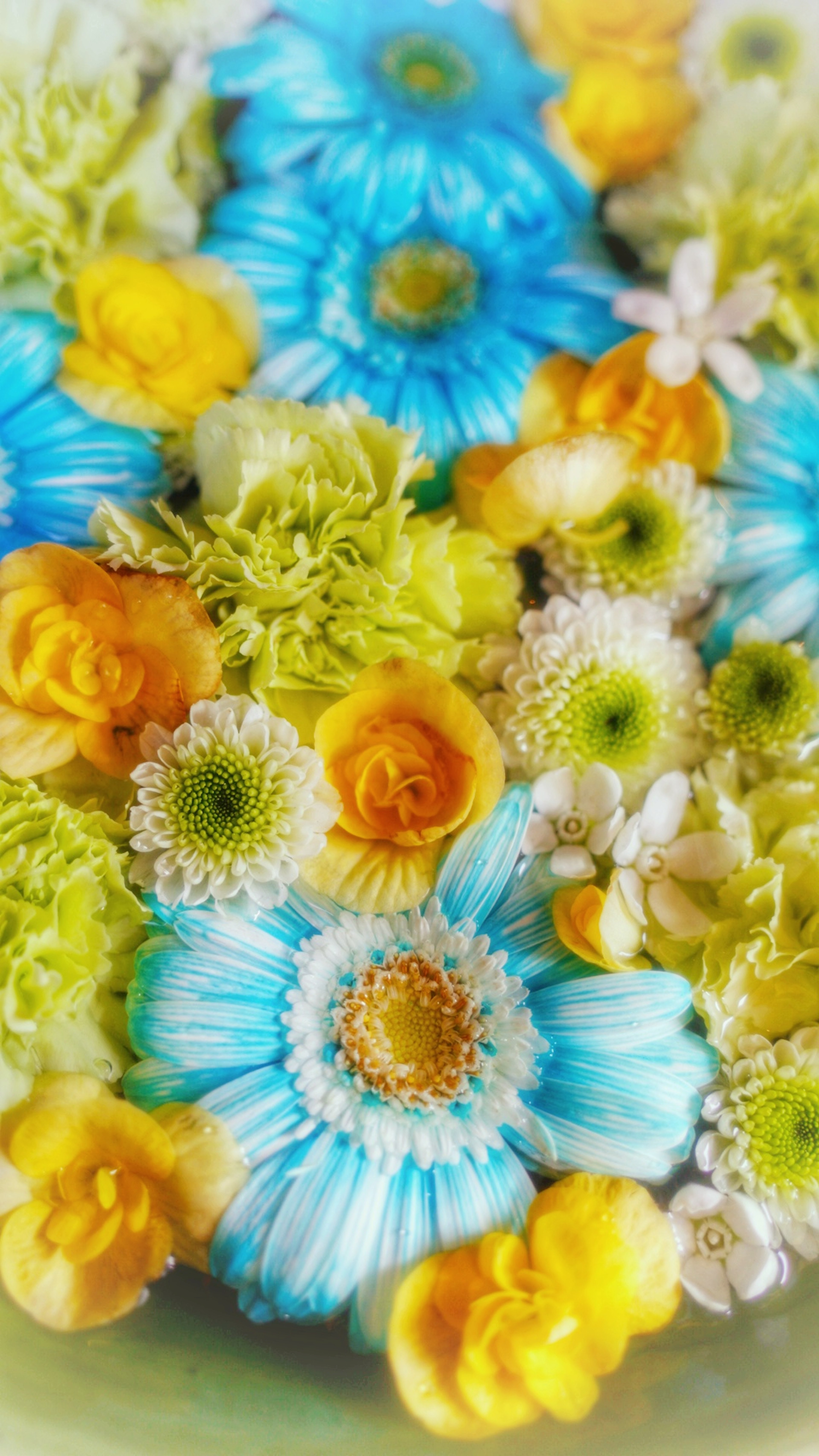 Bouquet colorato con fiori blu e gialli, accenti bianchi e verdi