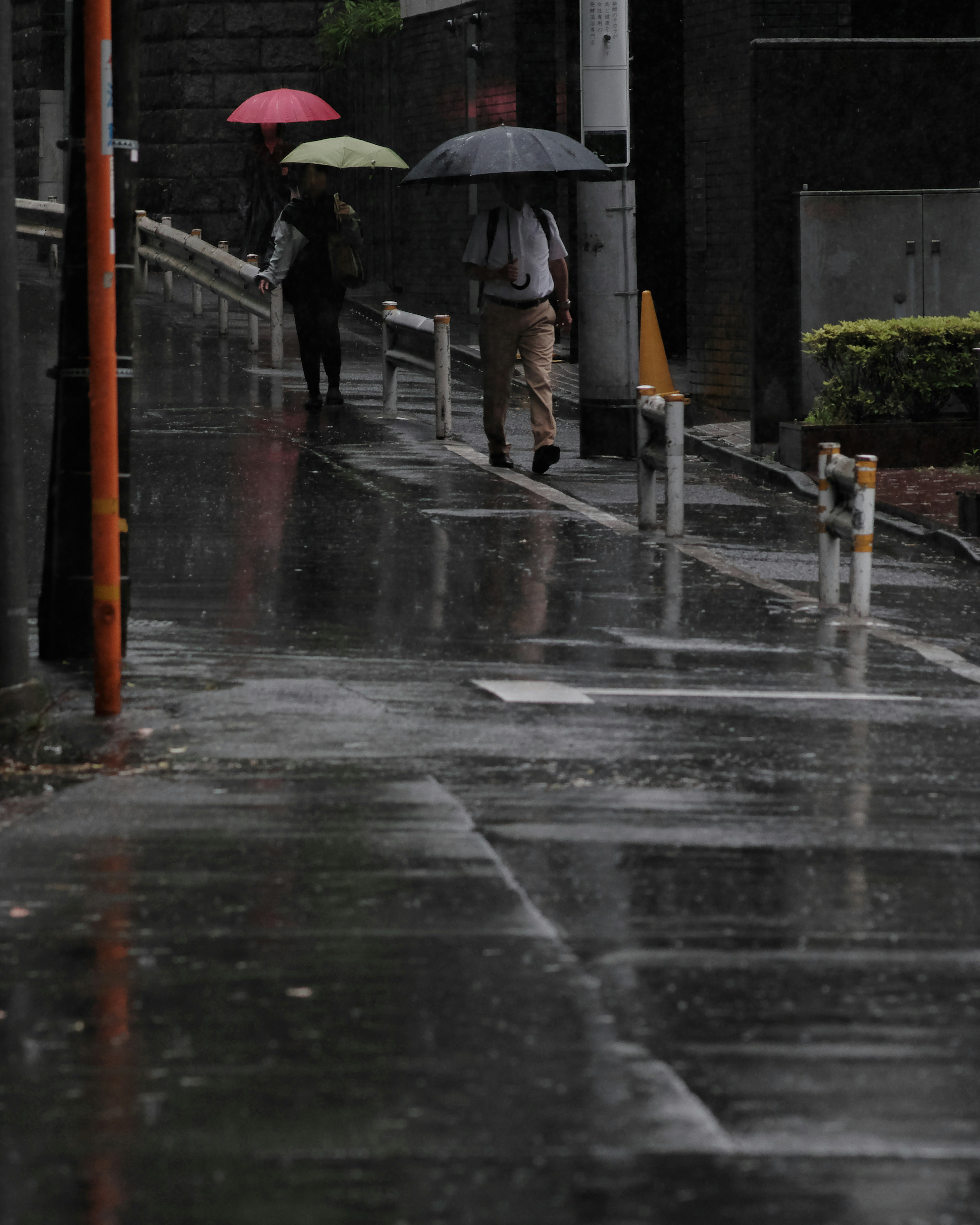 雨の日に傘をさして歩く人々の姿が映る濡れた歩道