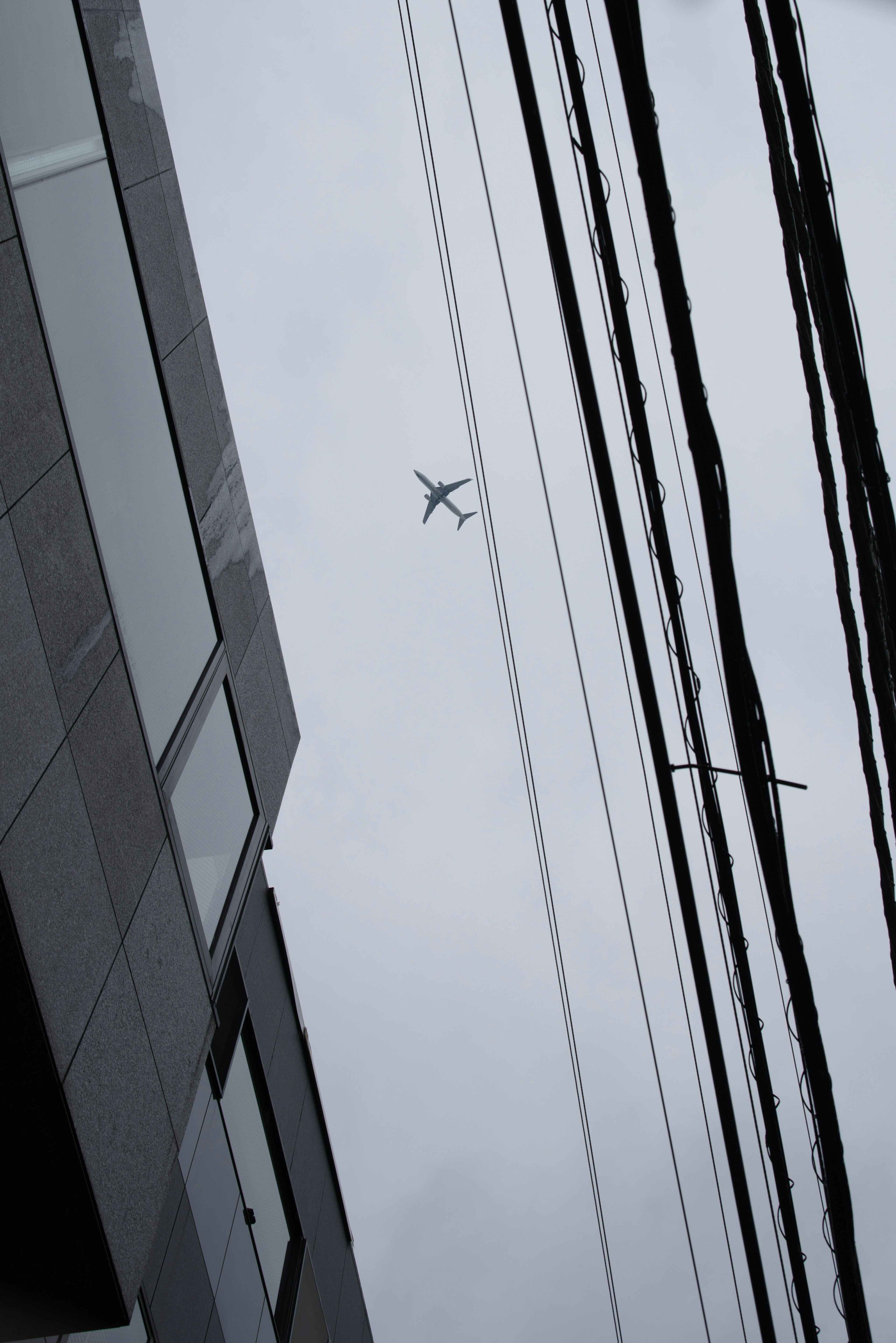 Vue en contre-plongée d'un avion volant entre des bâtiments et des lignes électriques