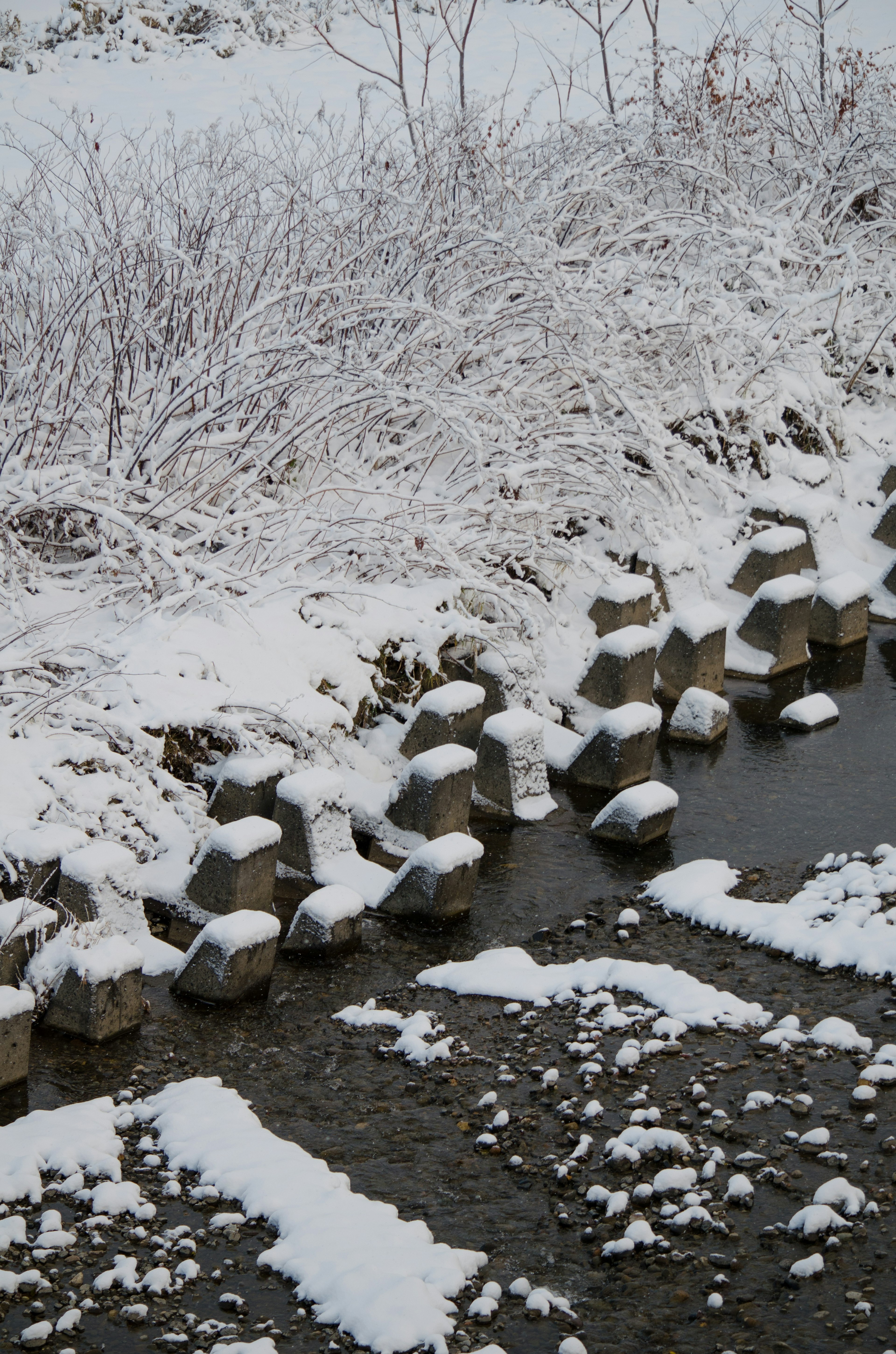 Orilla de río cubierta de nieve con bloques de concreto