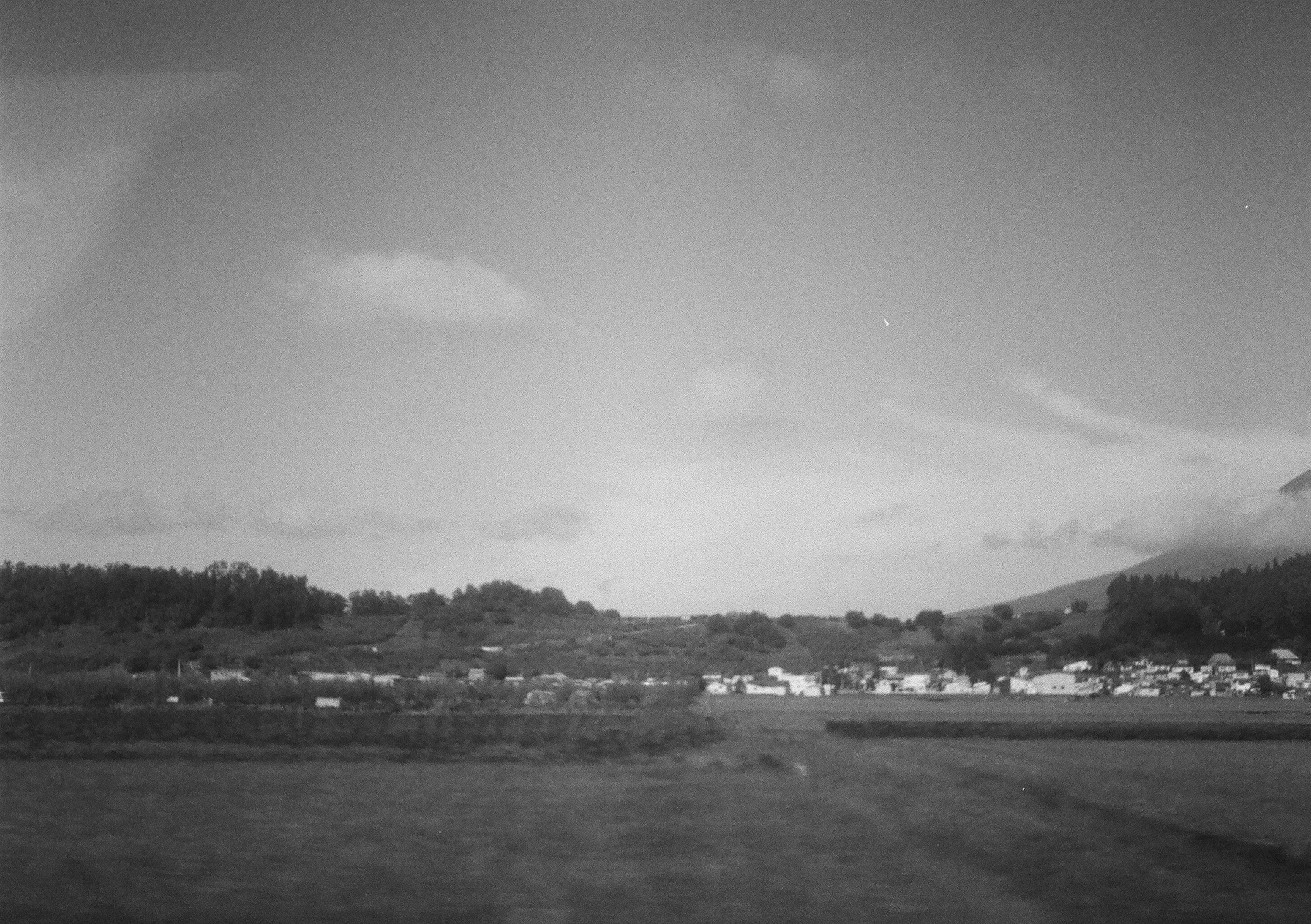 Schwarzweiß-Landschaftsfoto mit Reisfeldern und einem kleinen Dorf