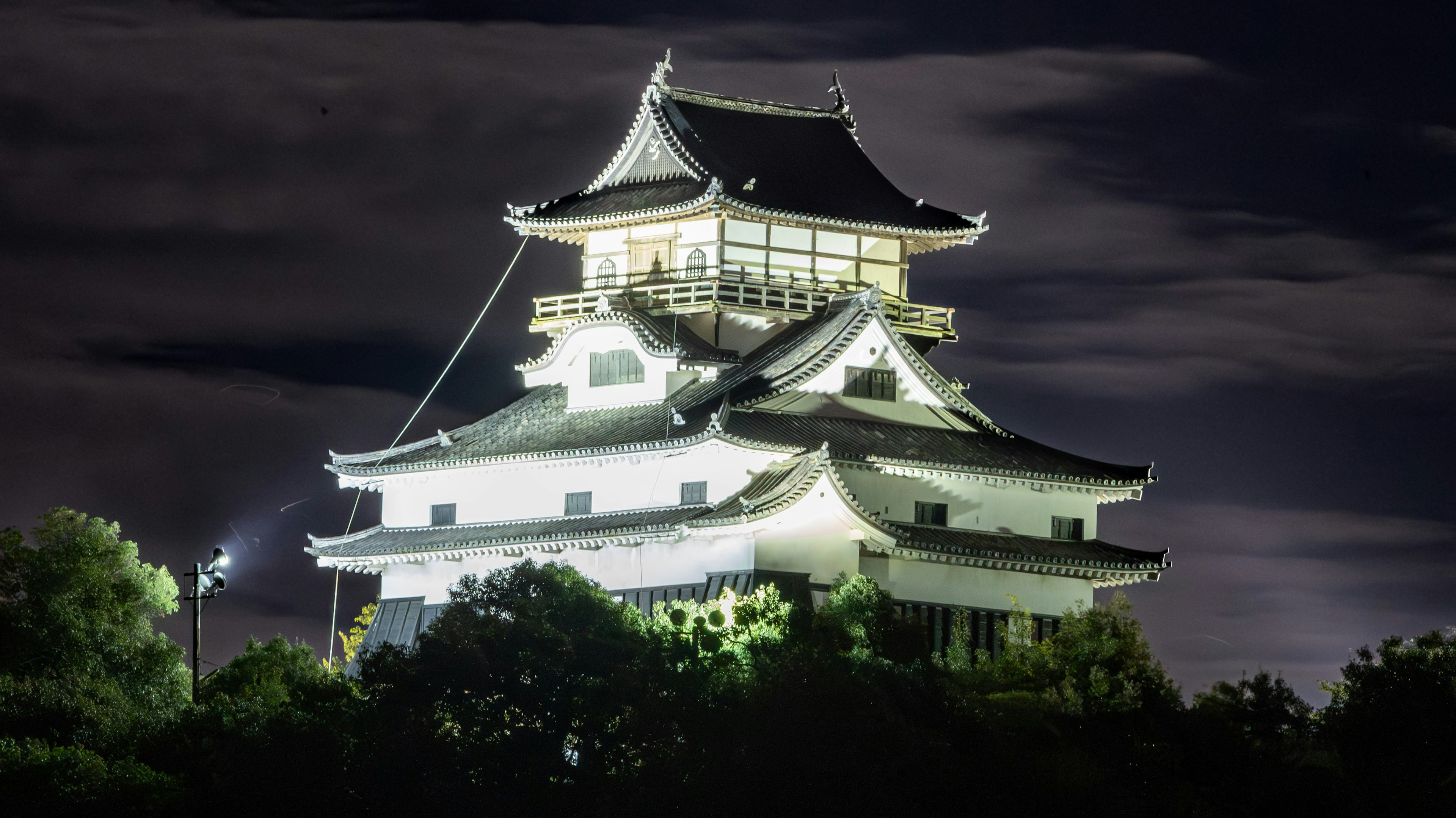 夜の城の美しい照明が際立つ