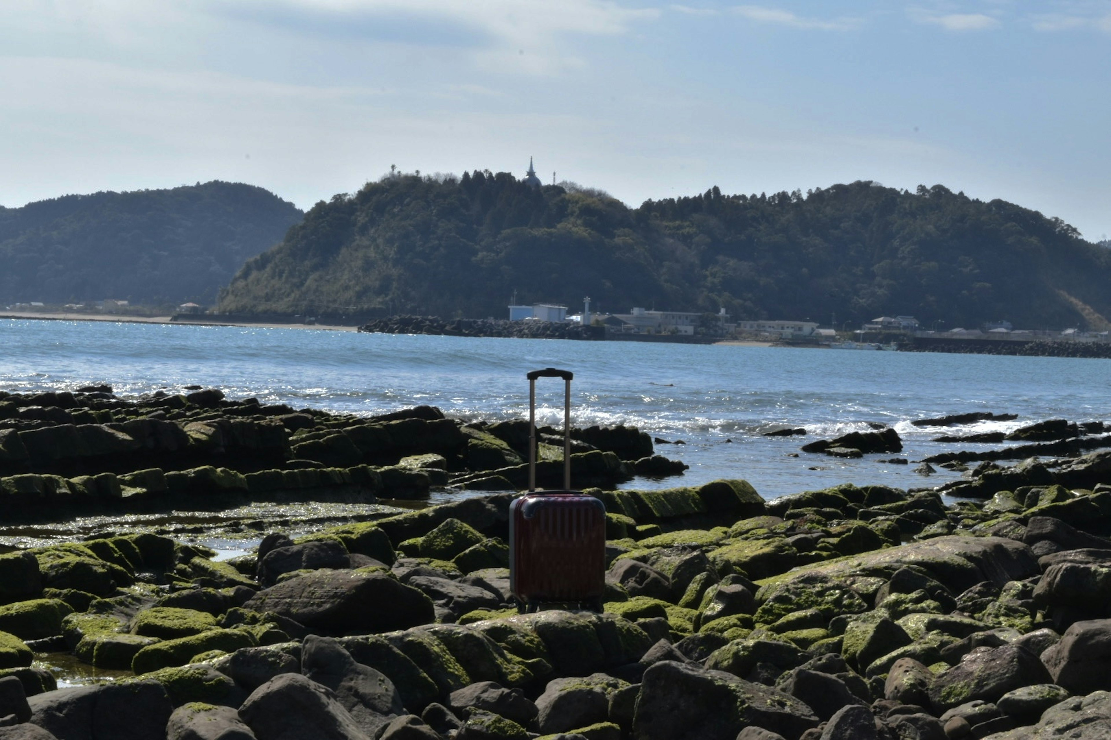 A suitcase on rocks with a scenic coastal view