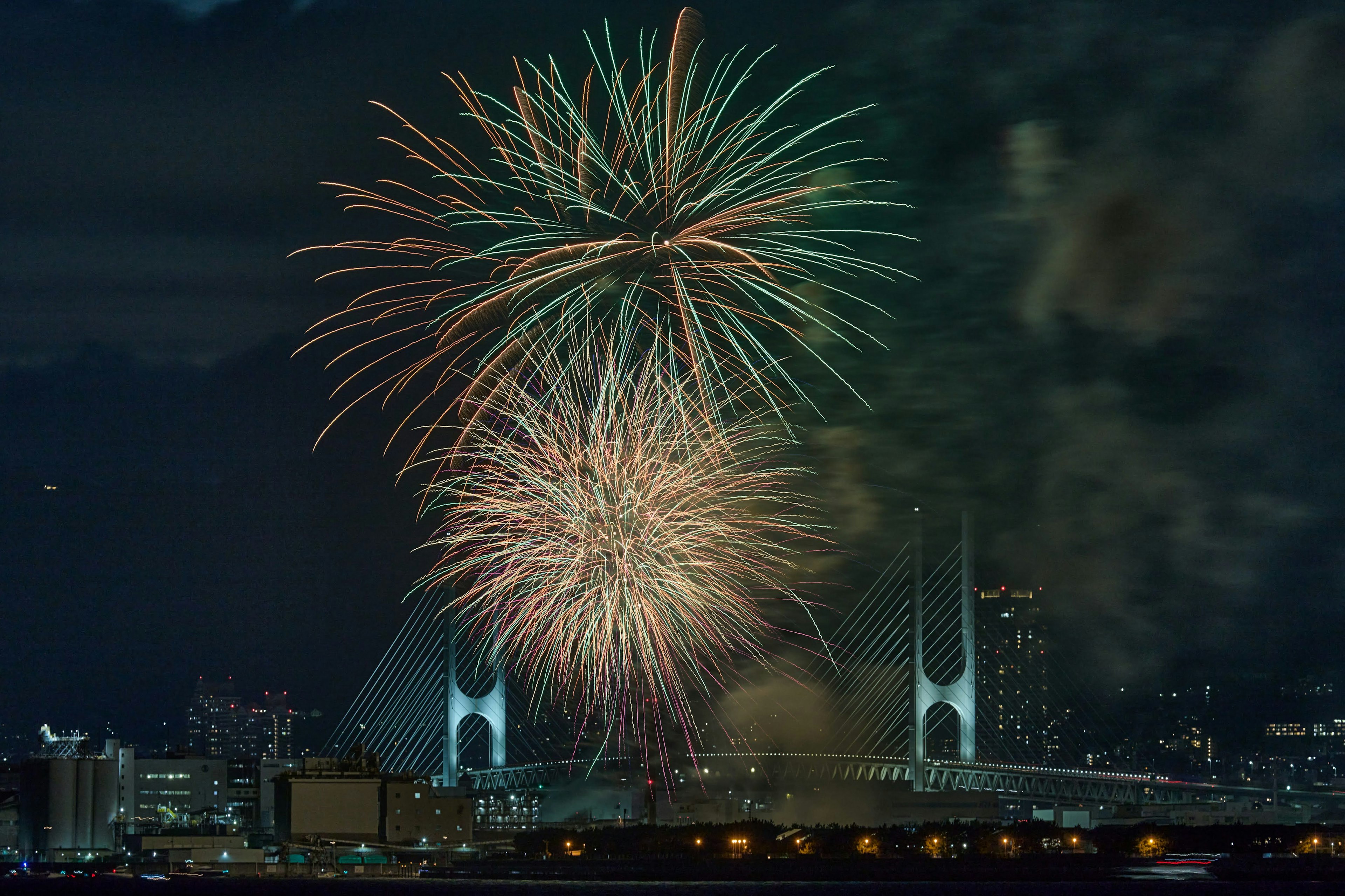 夜空に打ち上げられた花火と都市のスカイライン