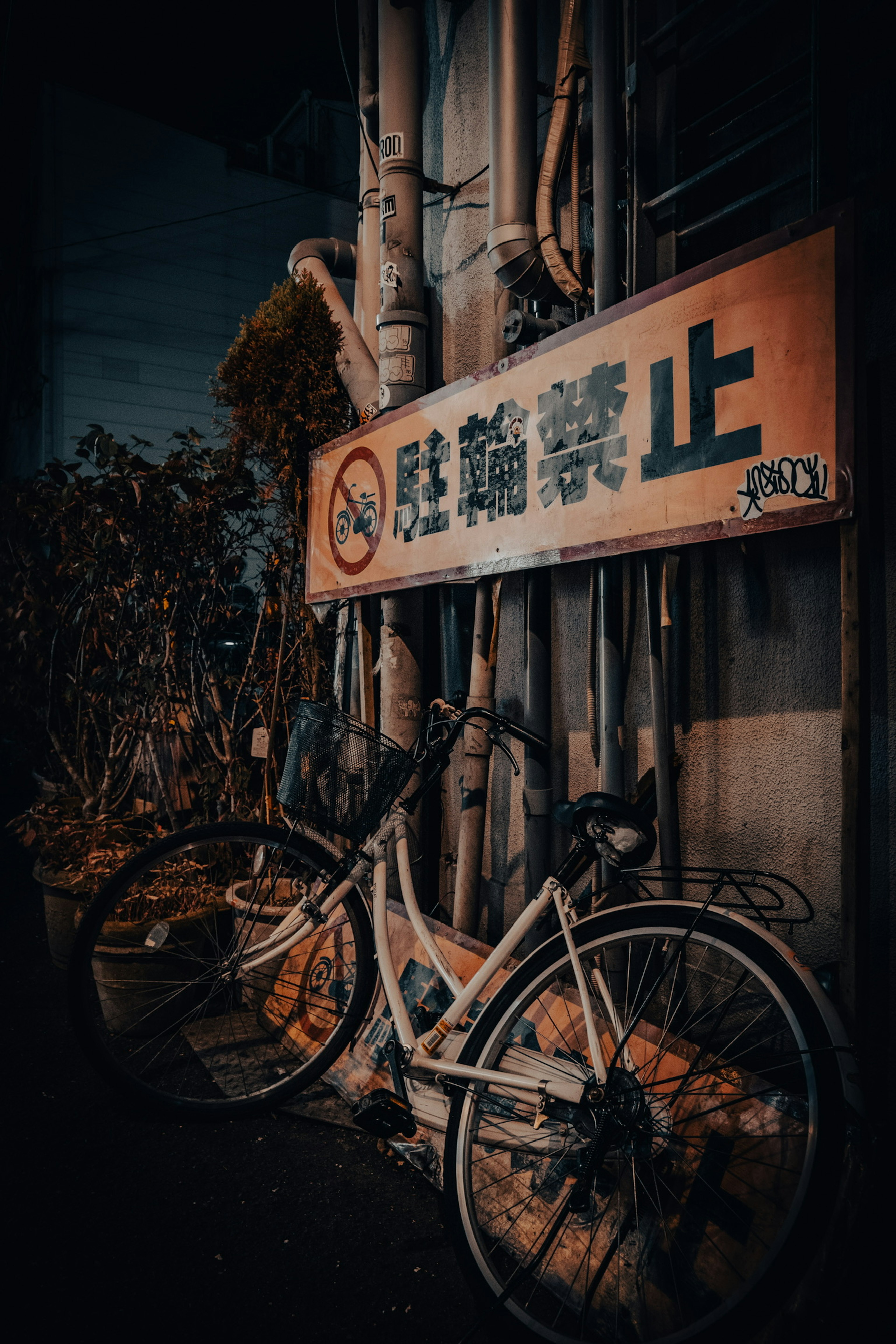 White bicycle against a dark background with a no parking sign