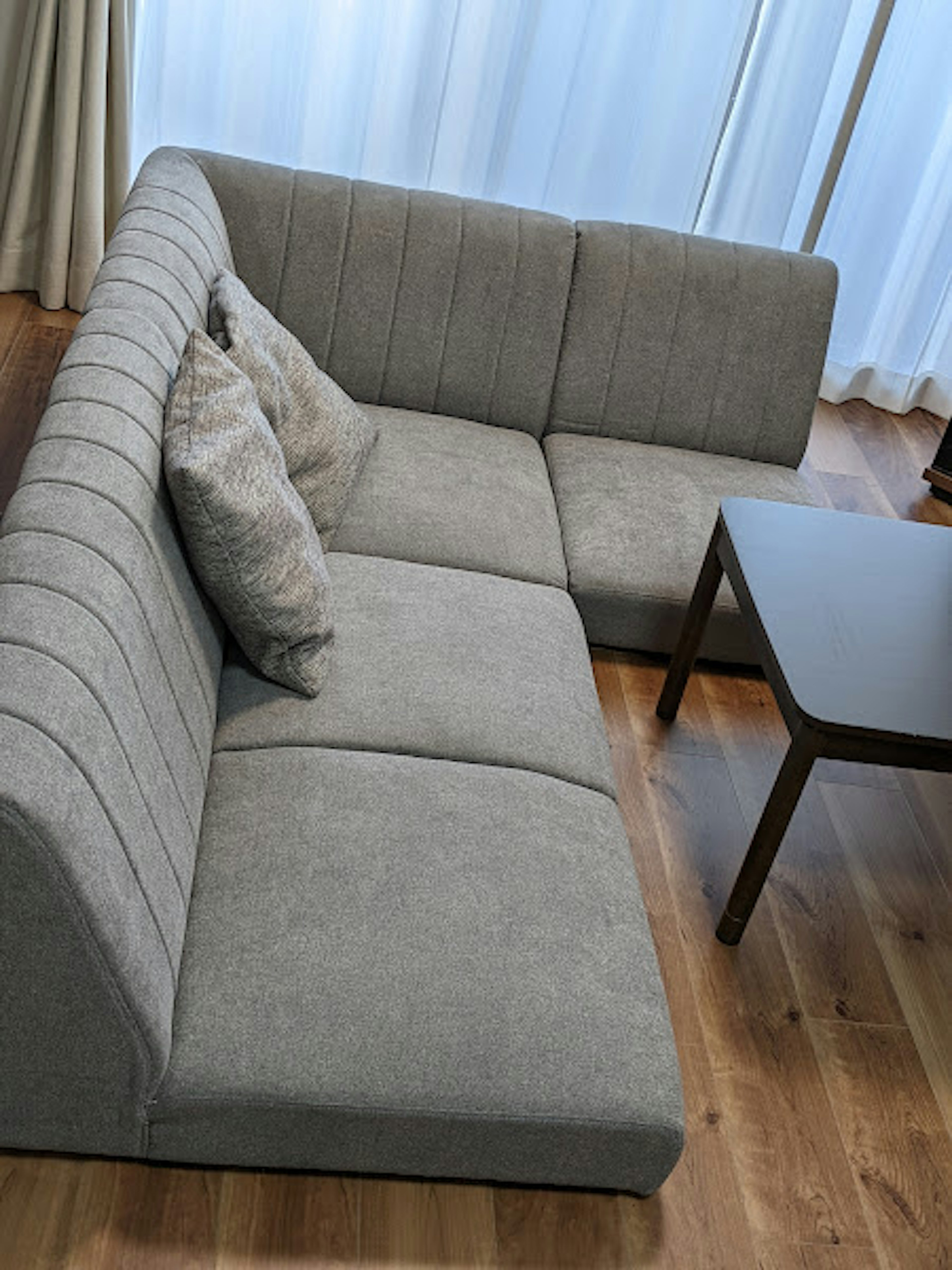 Corner of a living room featuring a gray sofa and decorative pillows