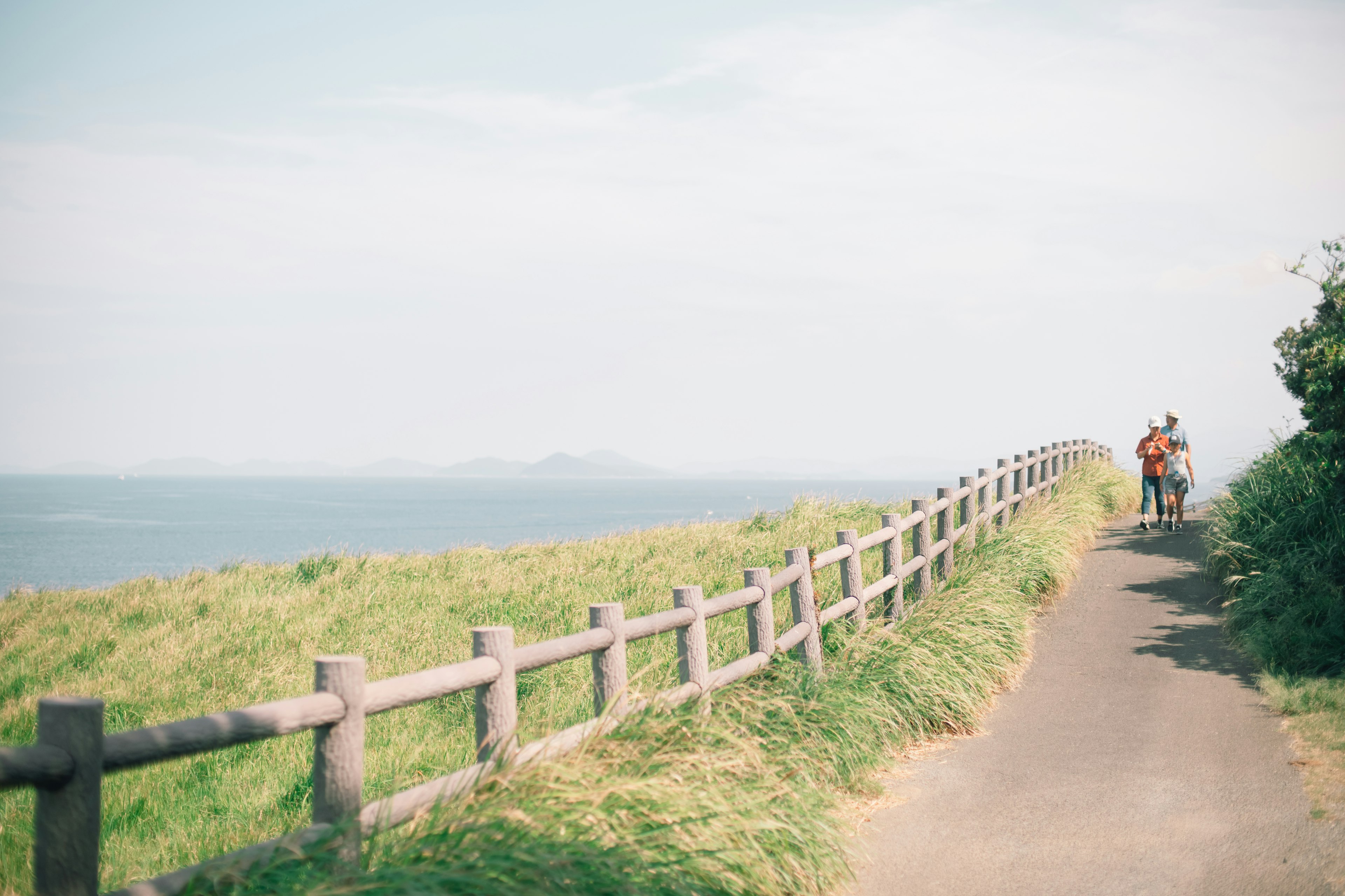 緑の草原の上にある小道と海を背景にした木製のフェンスと人