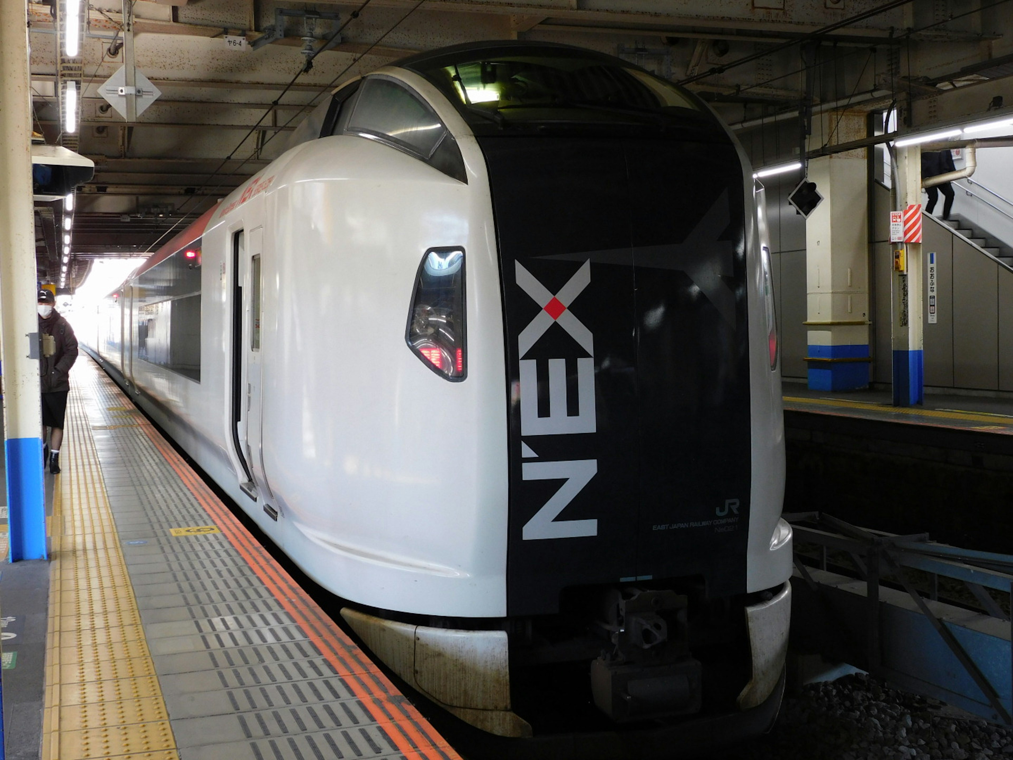 新幹線のNEX列車が駅のプラットフォームに停車しています