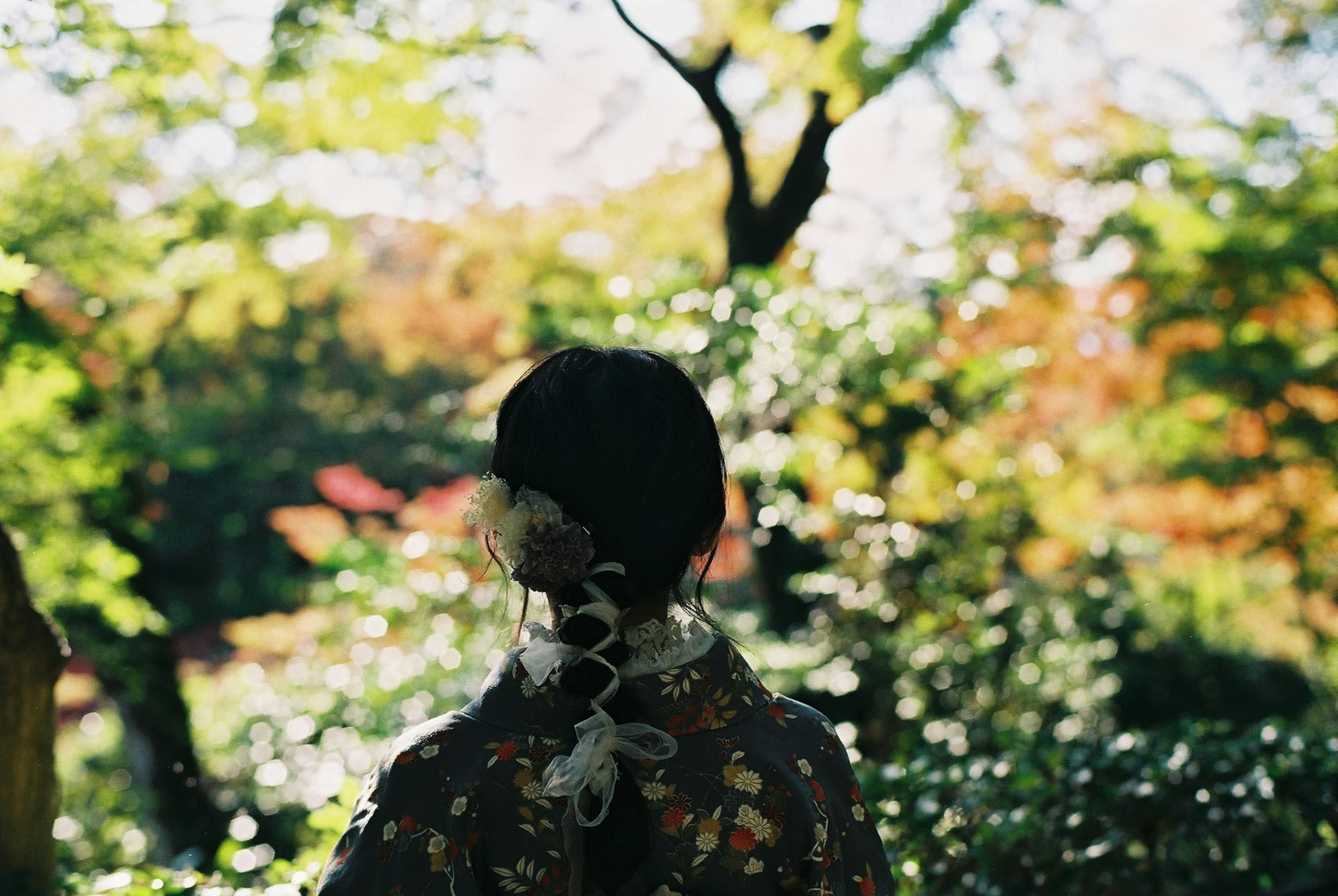 Una donna in kimono che sta in piedi contro uno sfondo naturale