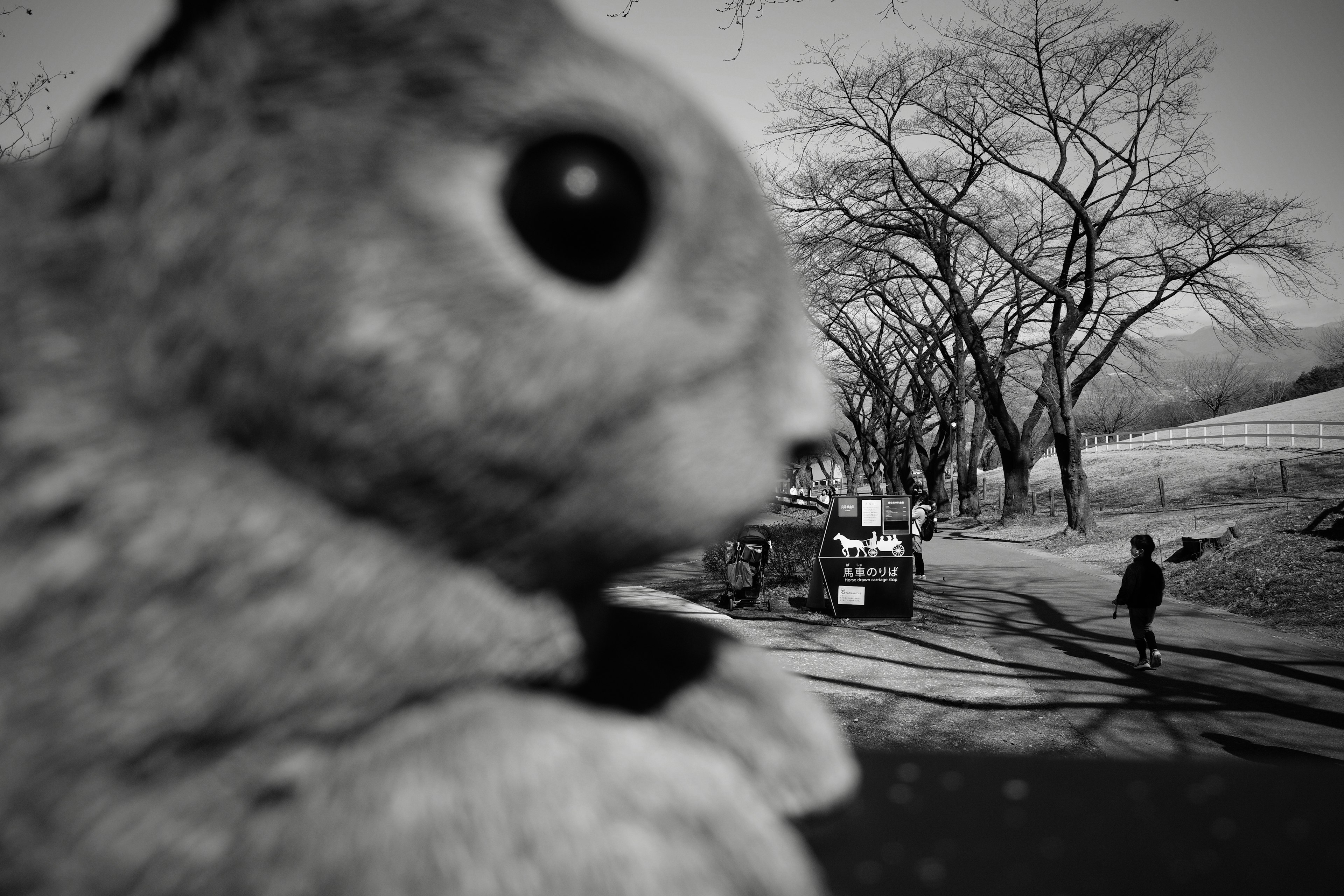 Large rabbit figure in black and white landscape with distant people