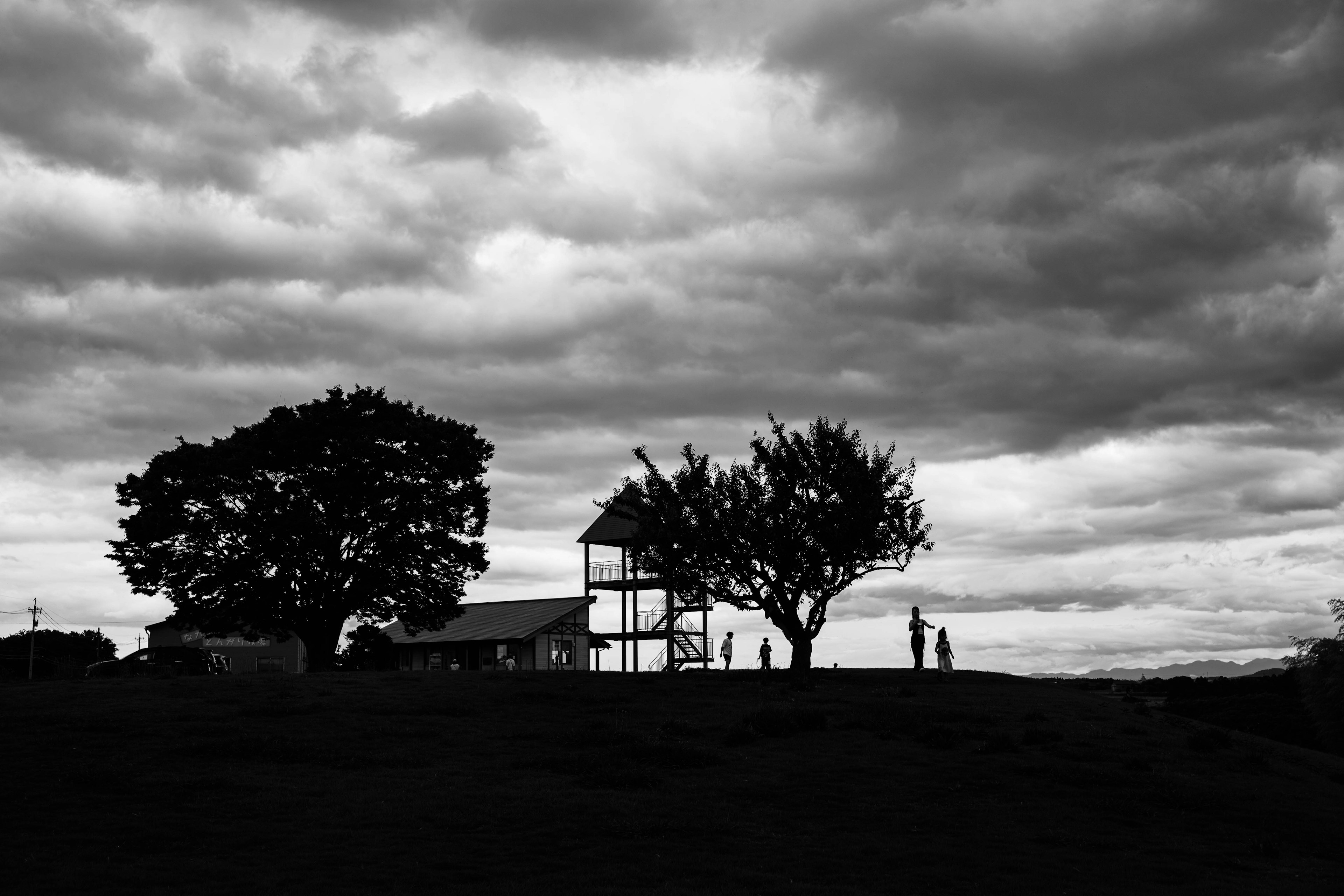 Silhouette eines Hauses und Bäume vor einem dramatischen, bewölkten Himmel