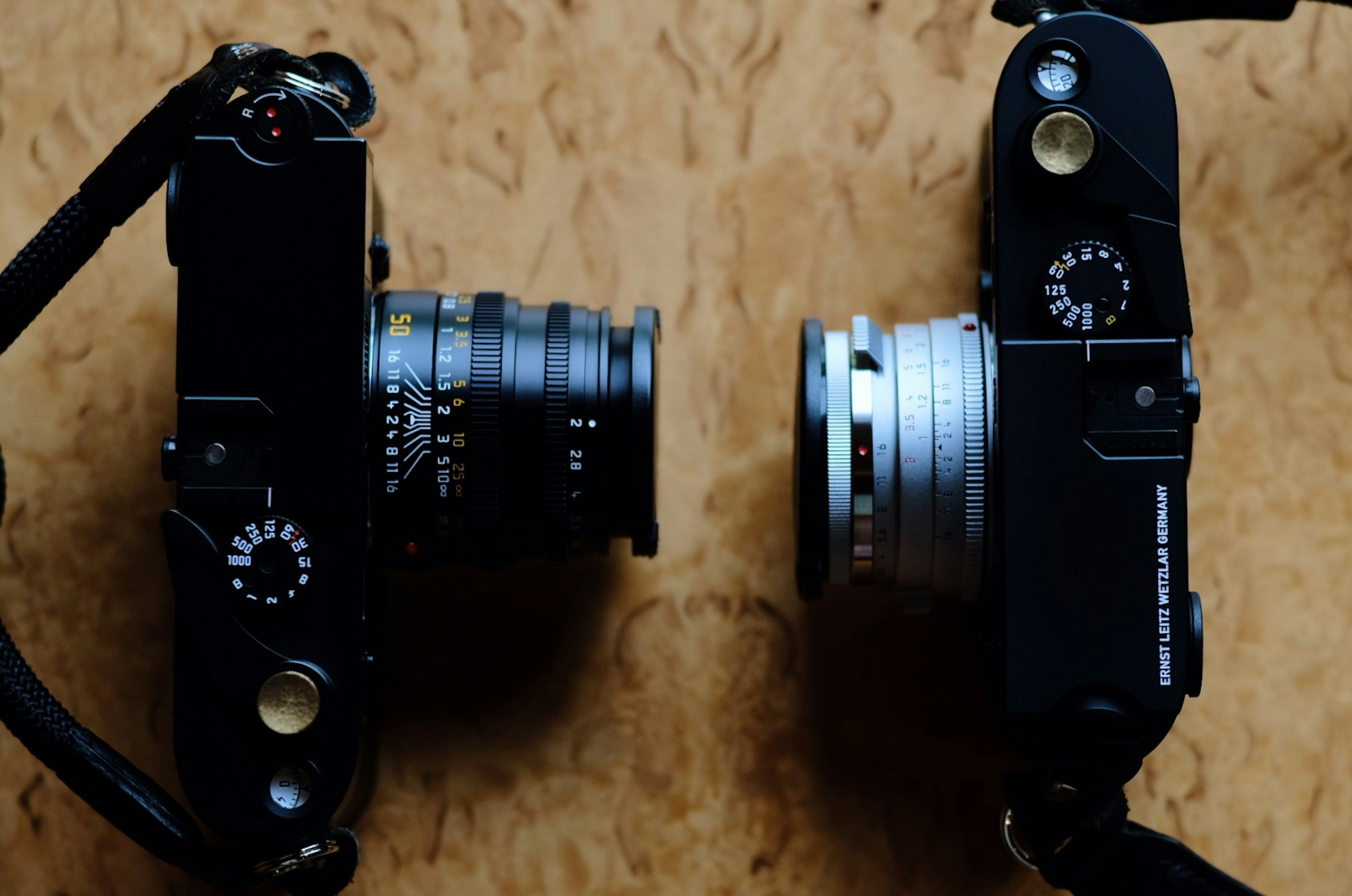 Two cameras side by side showcasing black bodies and lenses