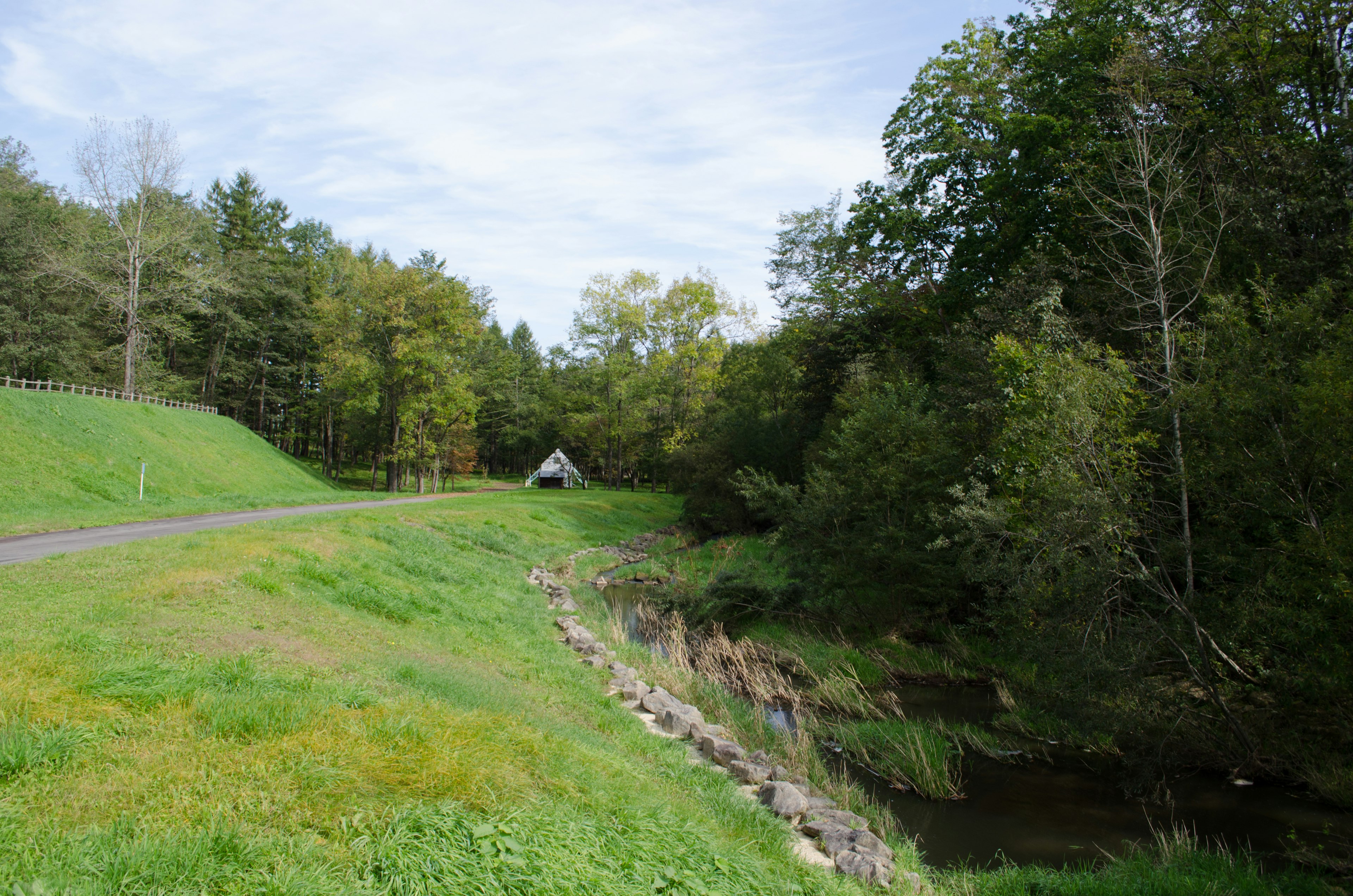 Paesaggio verde con un ruscello e una piccola cabina