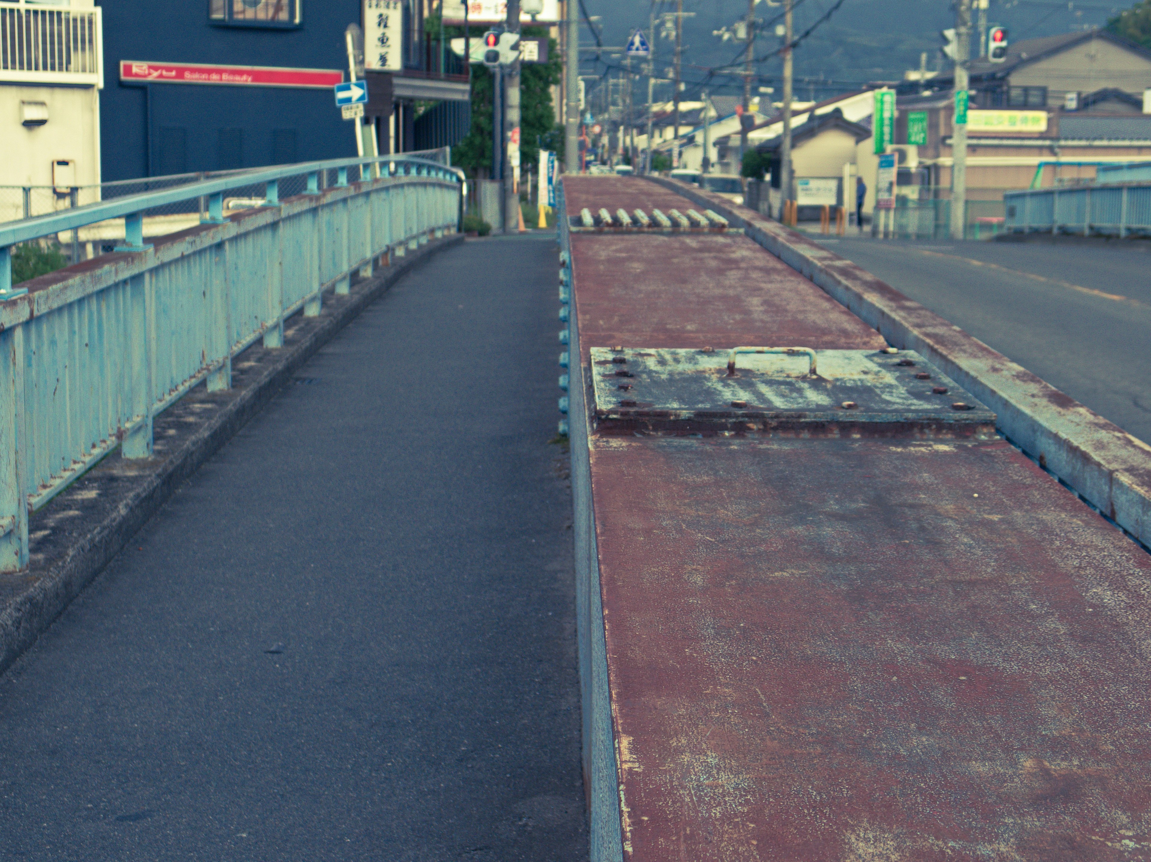 View of a bridge showing a pedestrian walkway and a bicycle lane