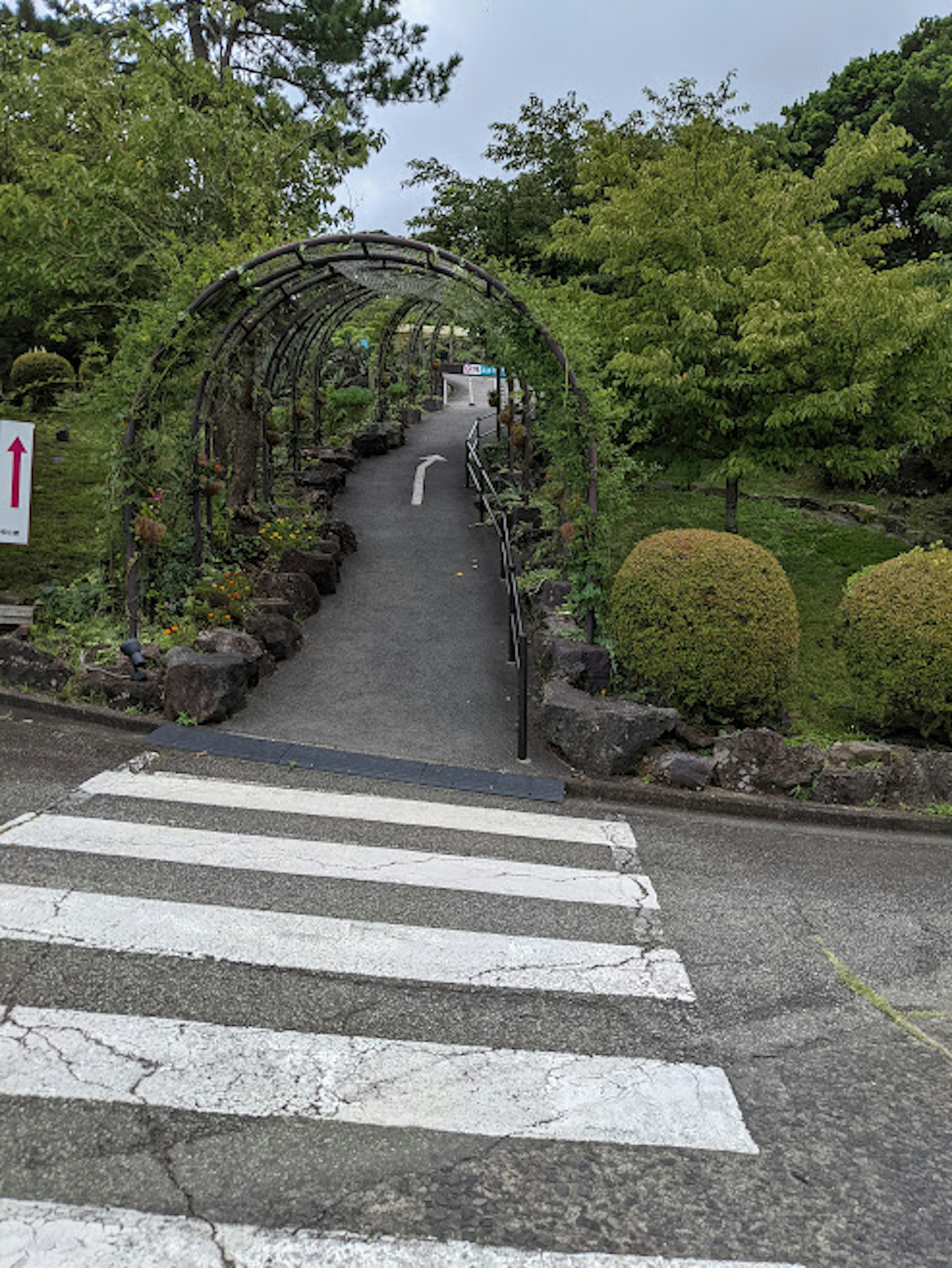 Entrance to a pathway covered by a green arch with stone borders