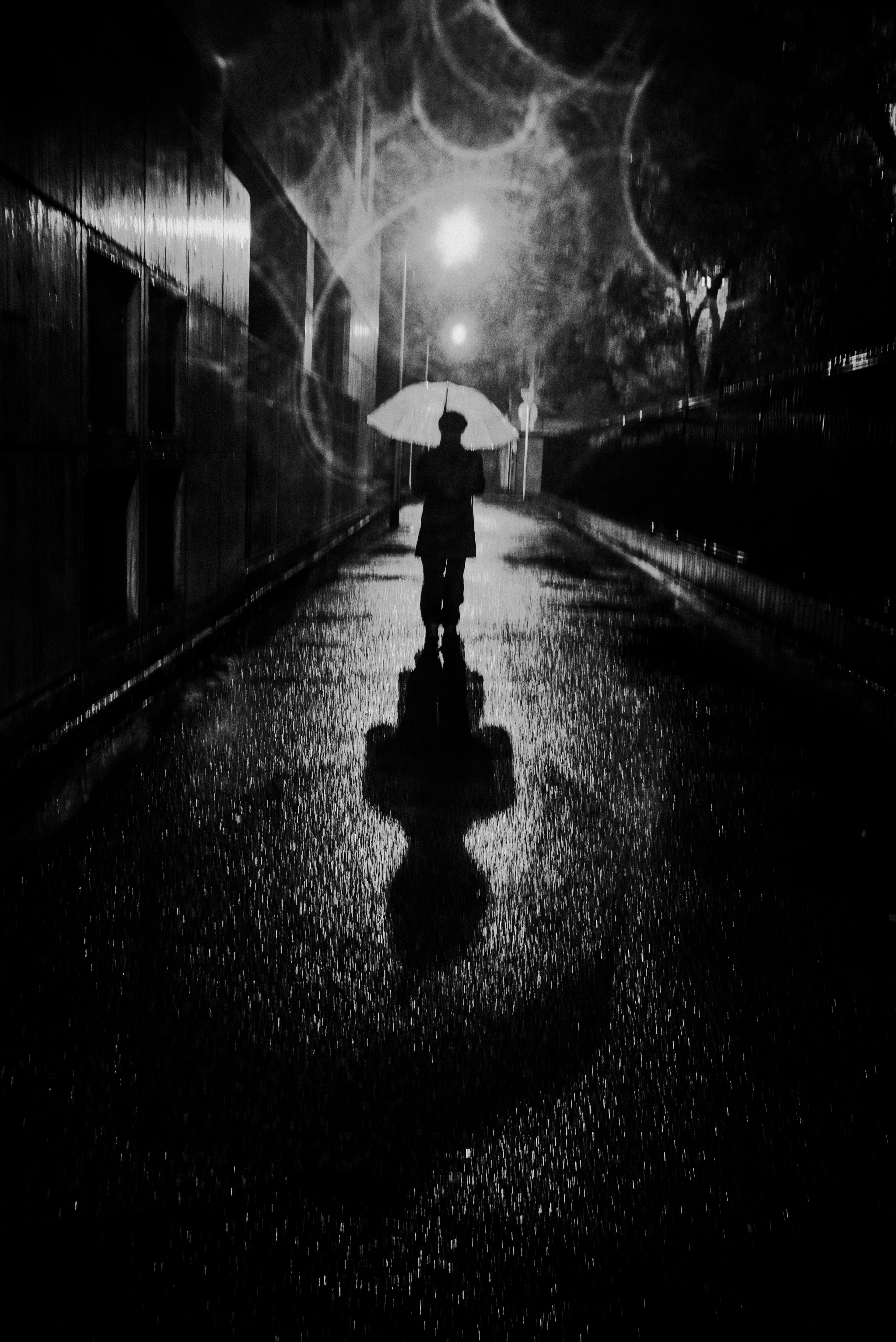 Silhouette of a person holding an umbrella in a dark alley with reflections