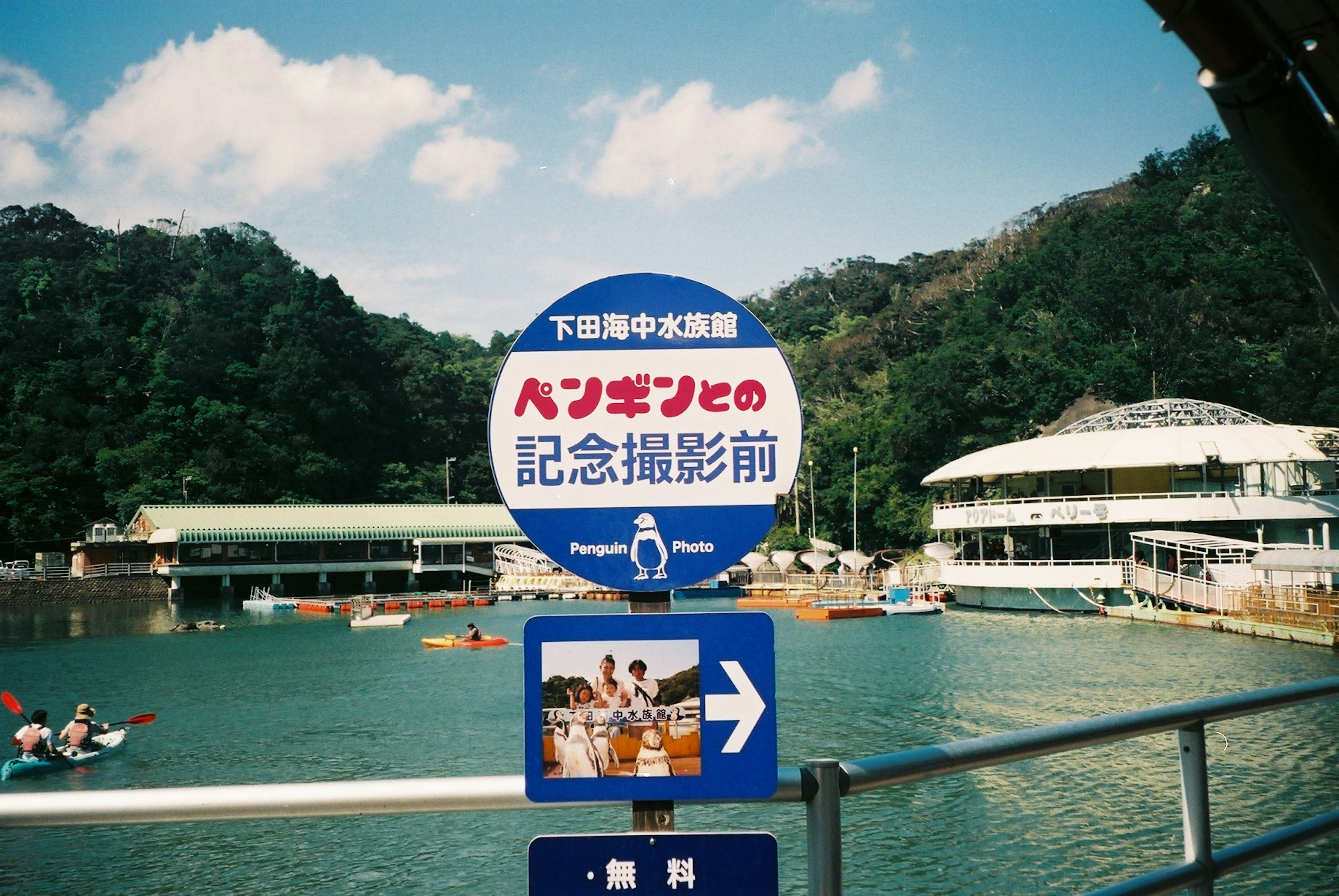 ペンギンと記念撮影の看板があり海と山が見える