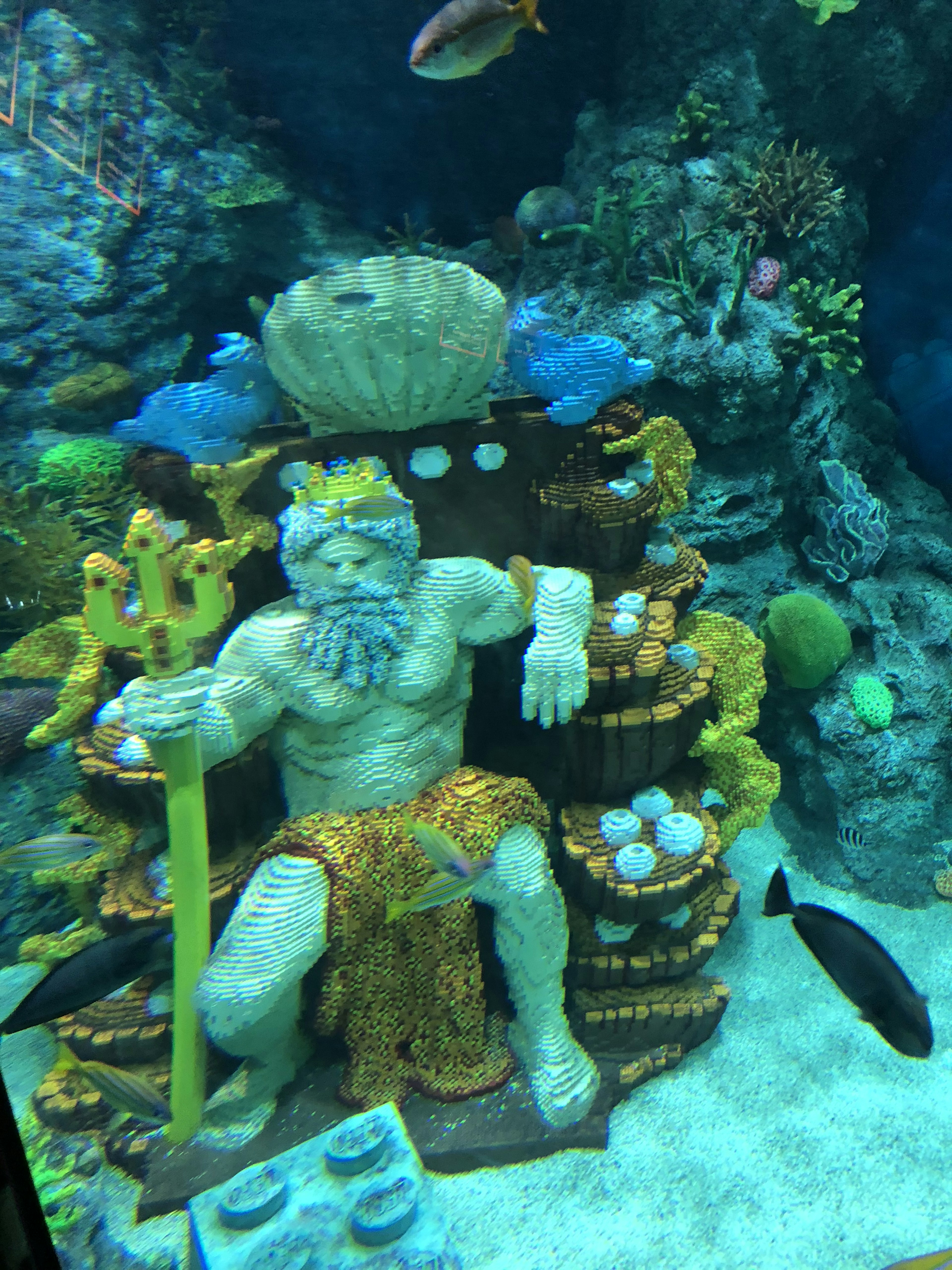 A statue of a sea king sitting in an aquarium surrounded by colorful fish and coral