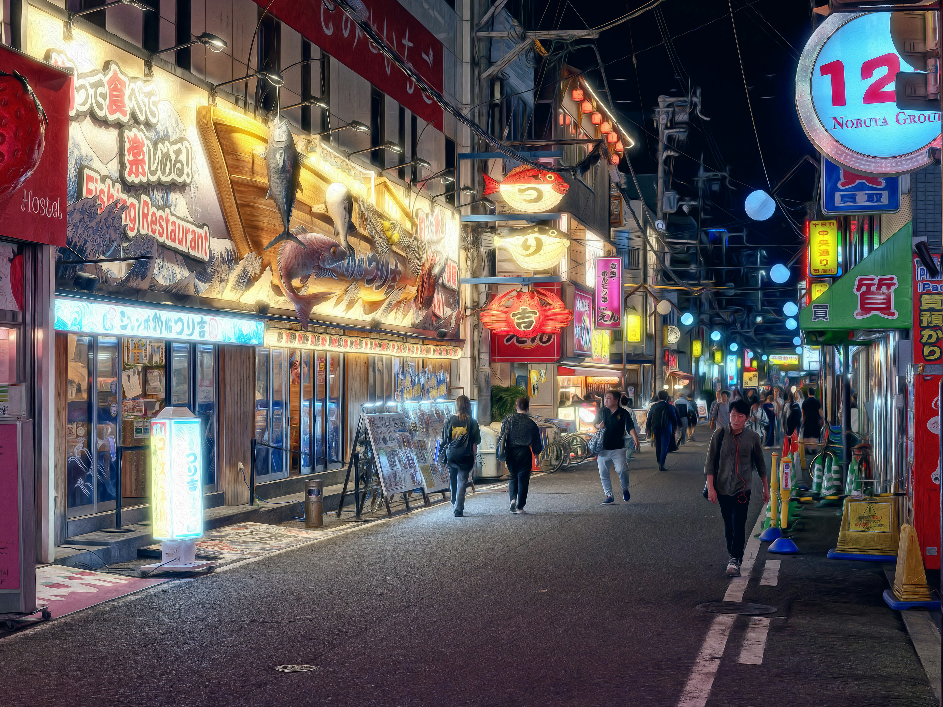 Belebte Straße bei Nacht mit bunten Neonlichtern und Fußgängern