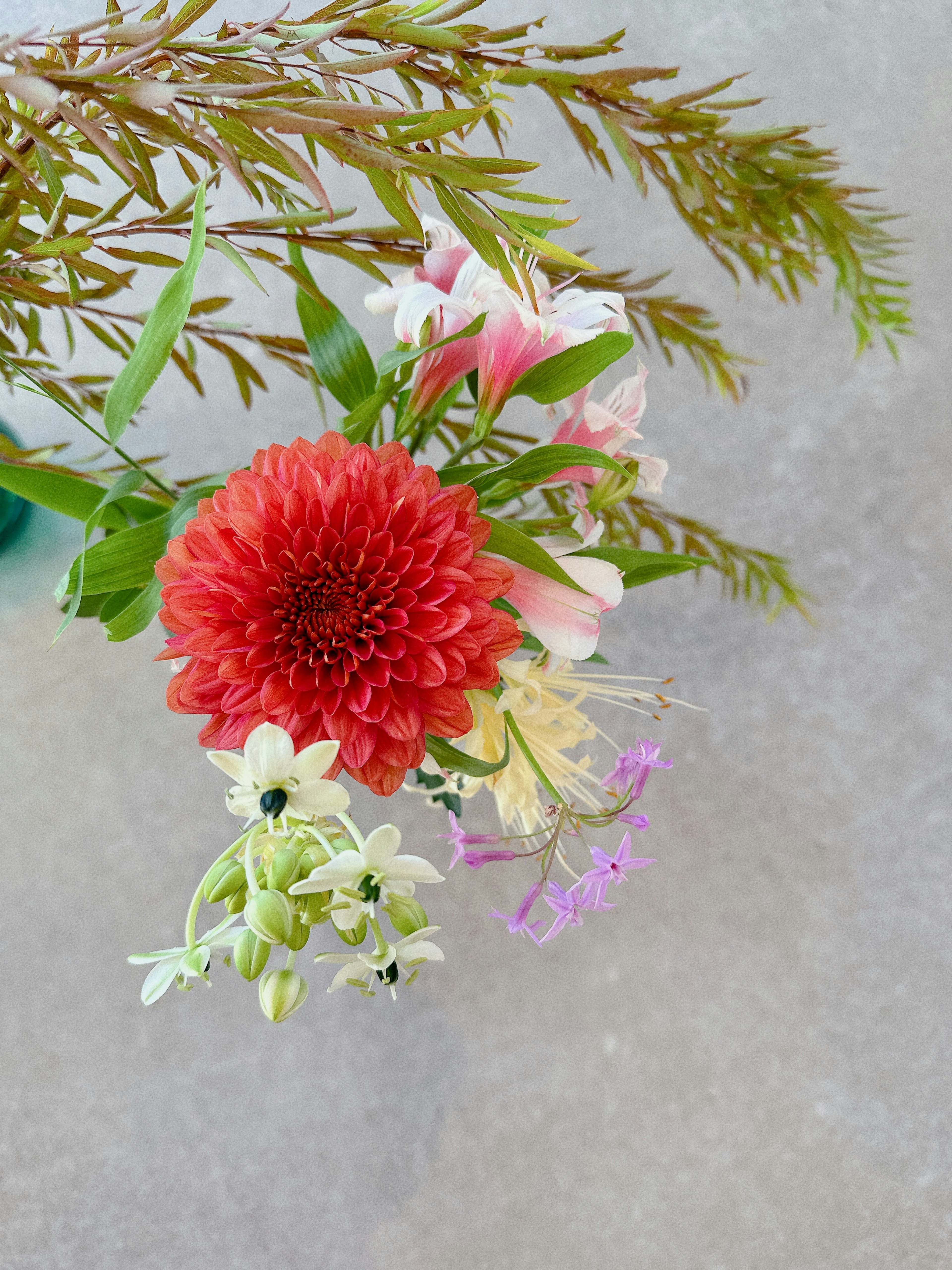 一束美麗的花束，包含紅花和白花