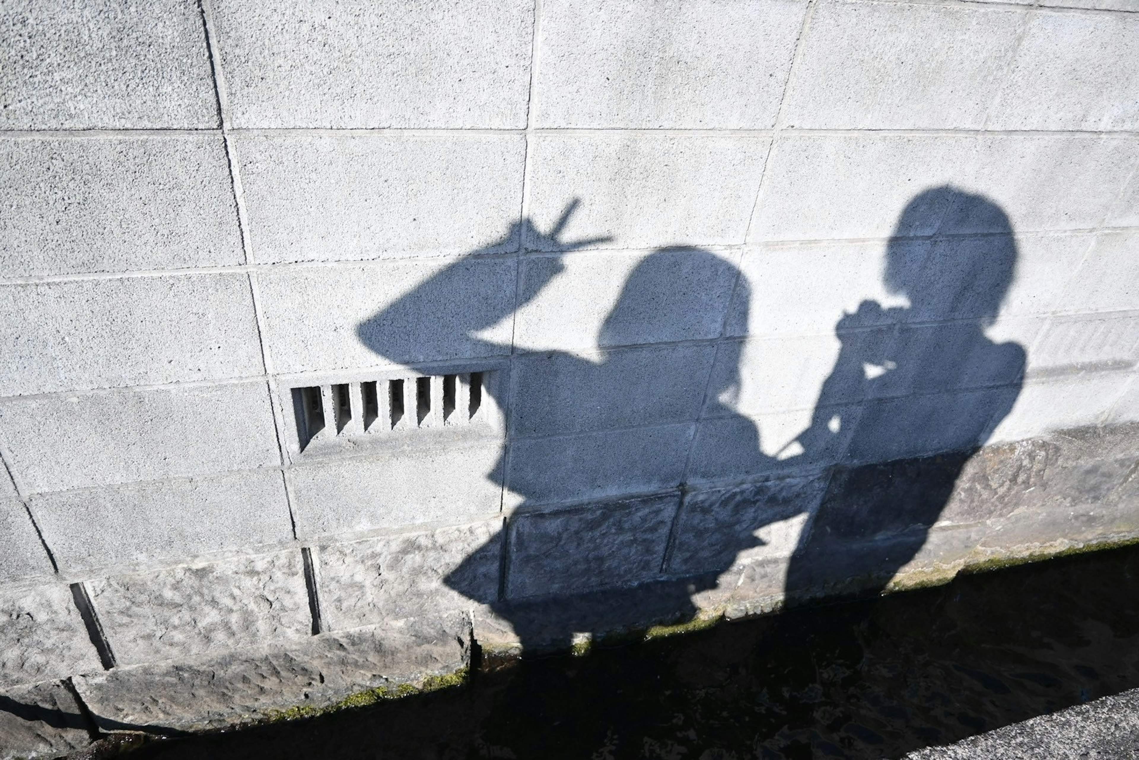 Zwei Schatten an einer Wand, die Friedenszeichen machen