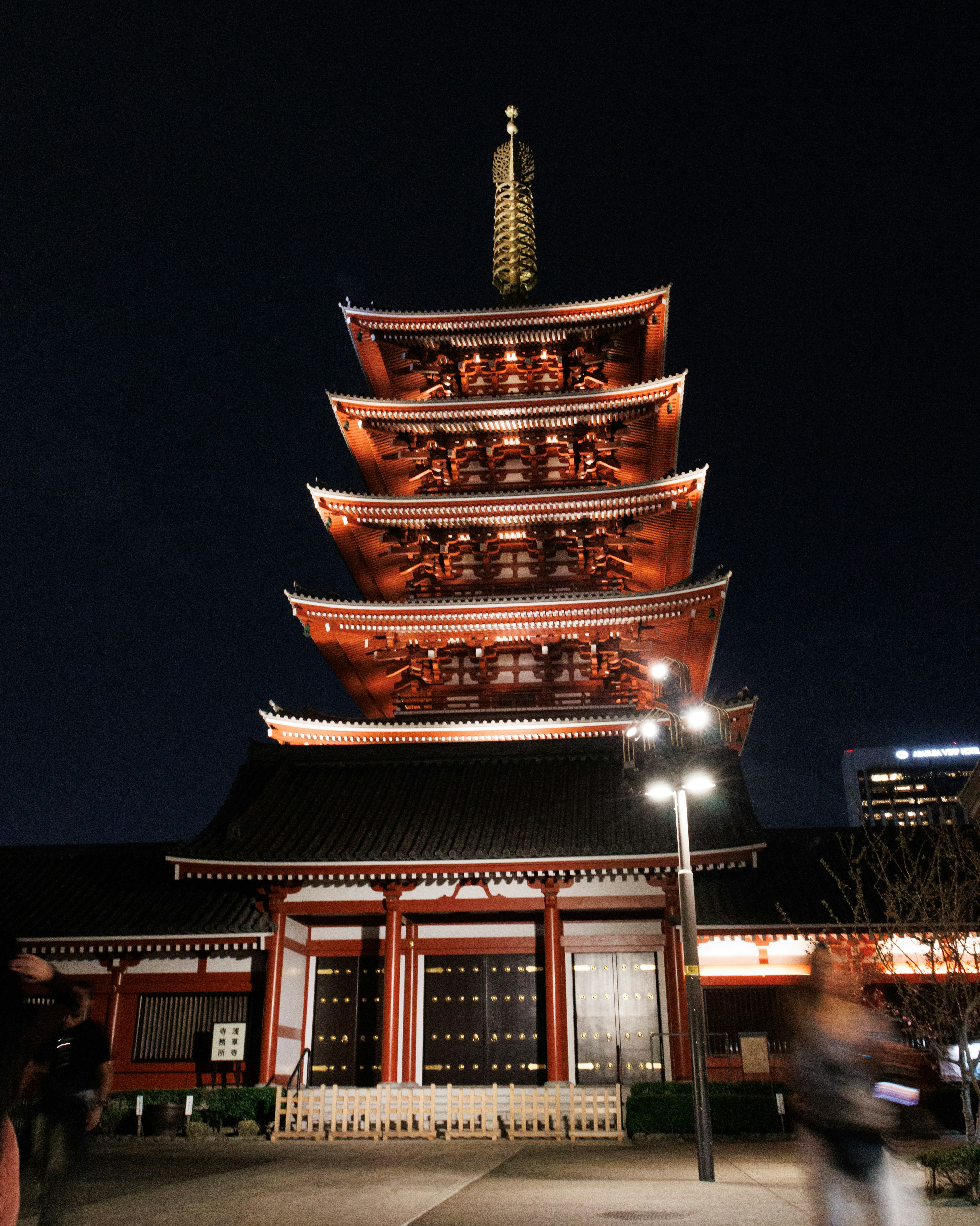 The five-story pagoda of Senso-ji illuminated at night