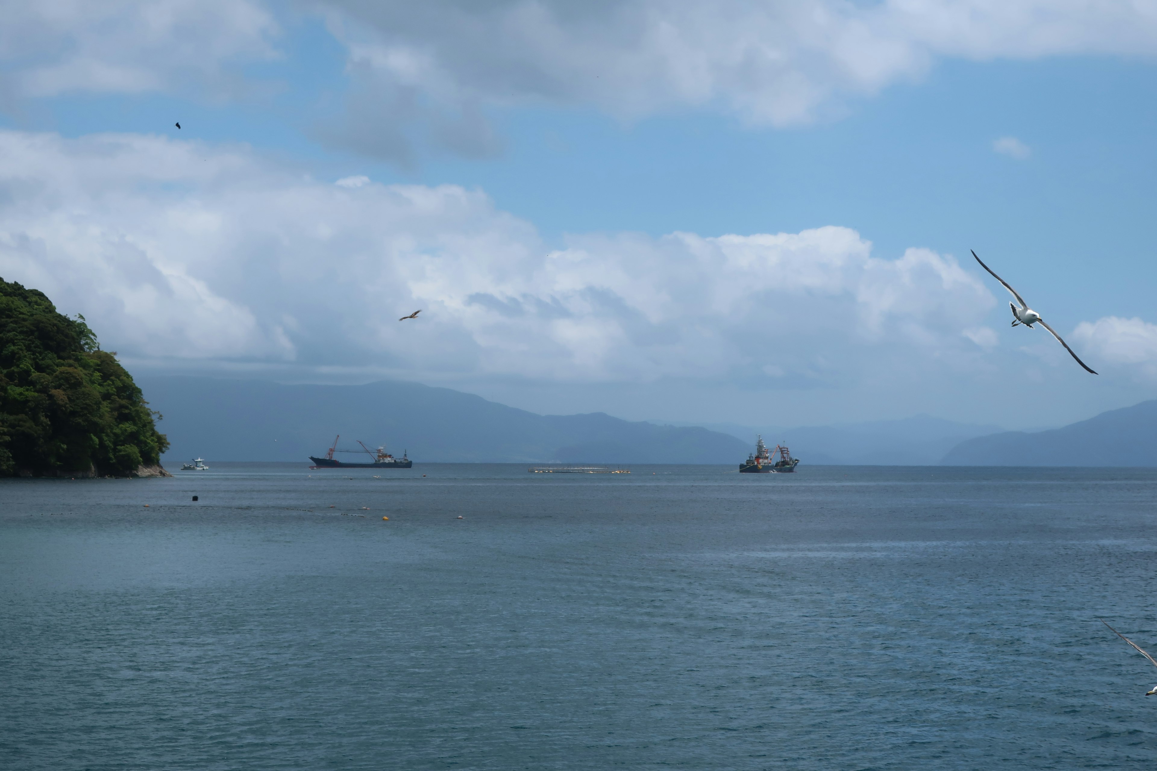 蓝色海洋的风景，海上有船，天空中有白云