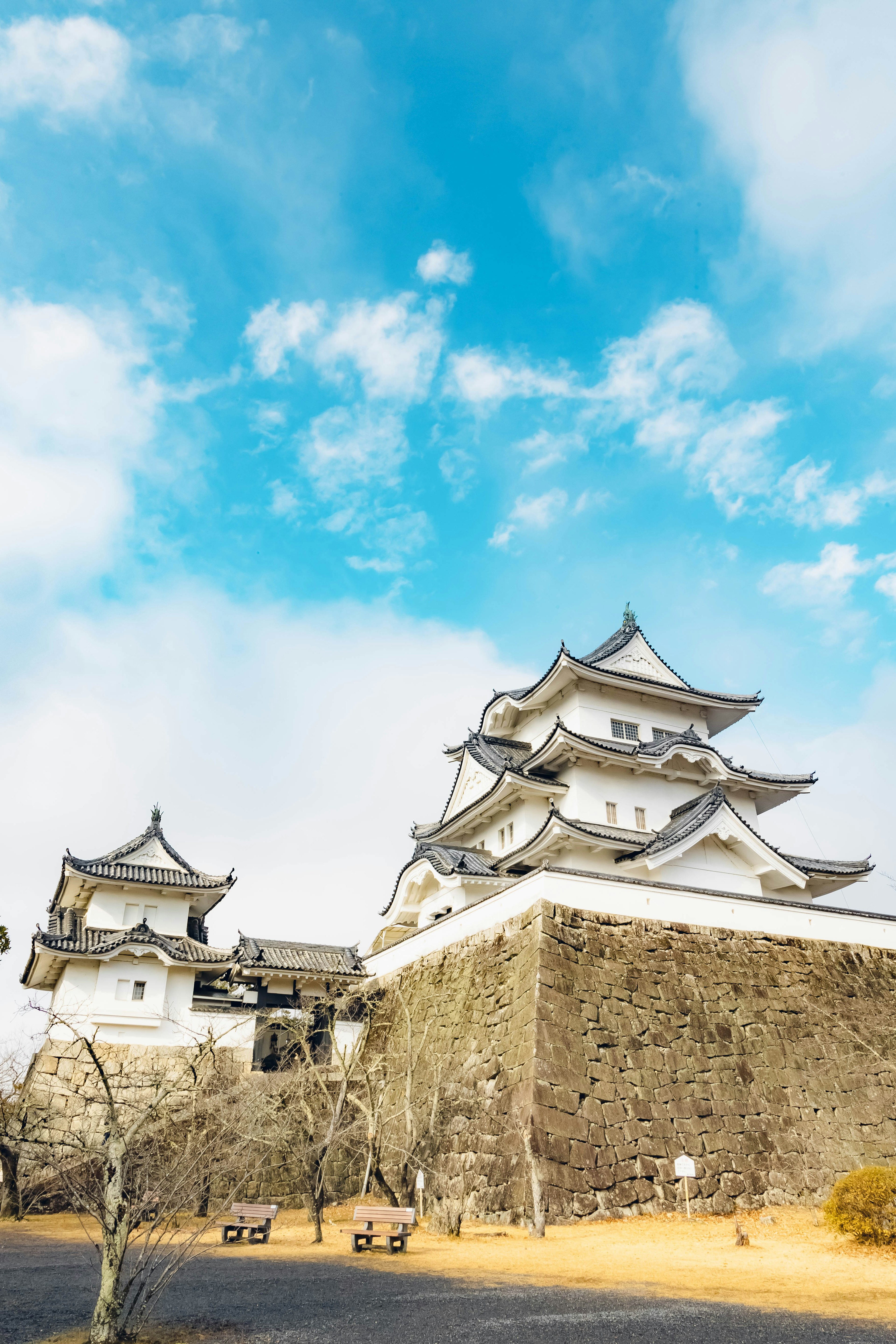 美しい青空の下にそびえる白い城の特徴的なデザイン