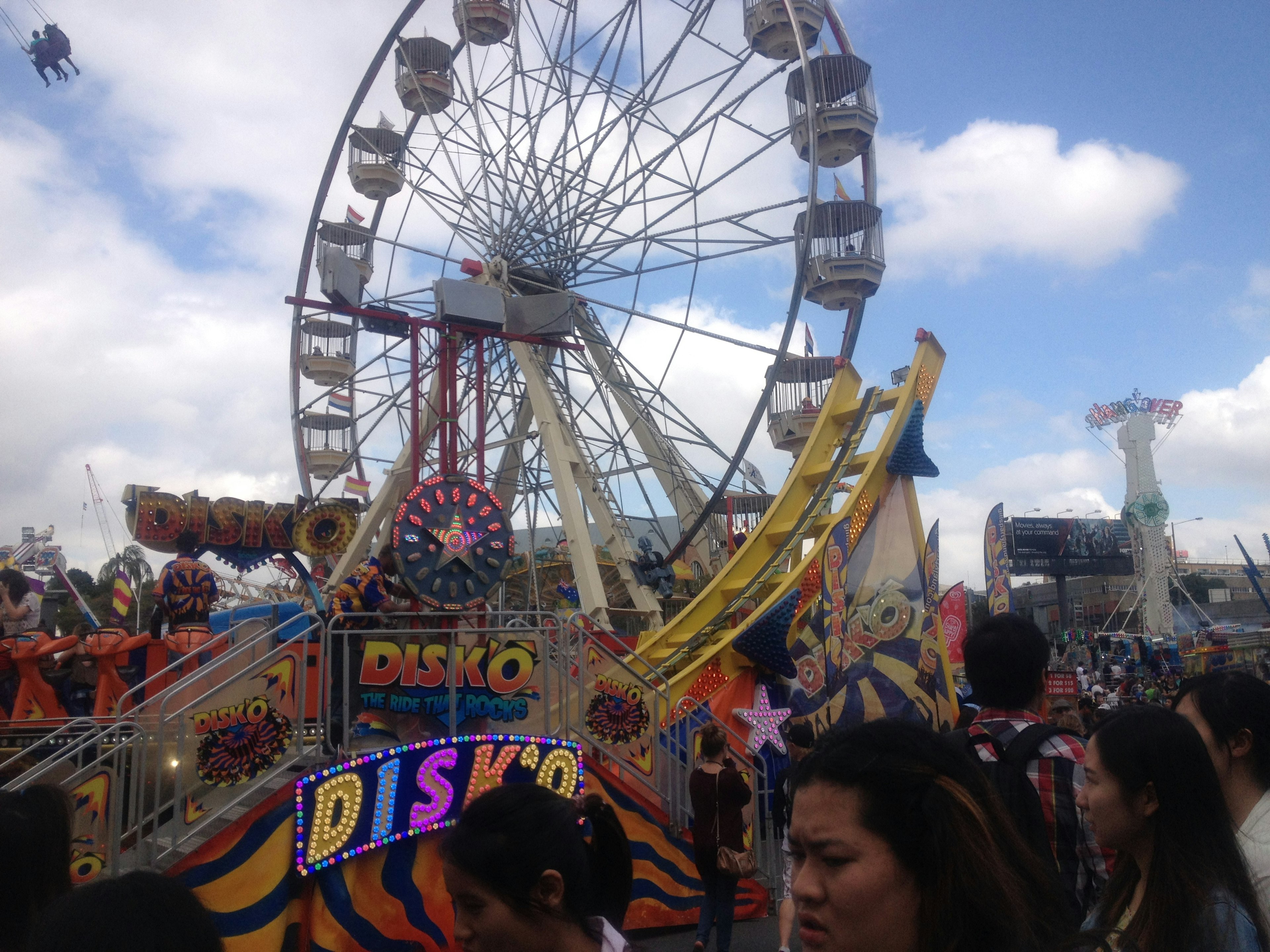 Colorful Ferris wheel and amusement park attractions in view