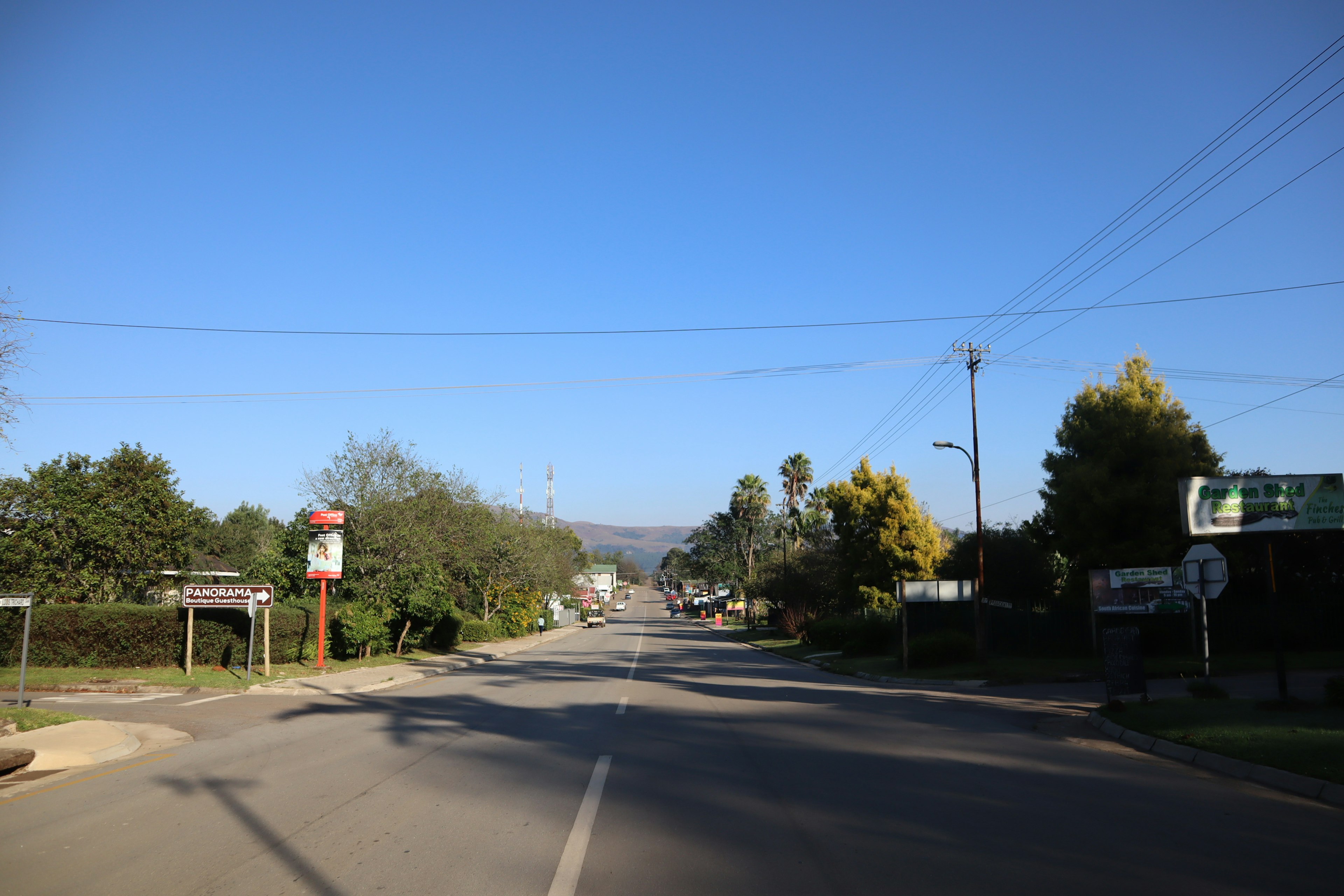 Quiet street scene under blue sky featuring a bus stop and green trees