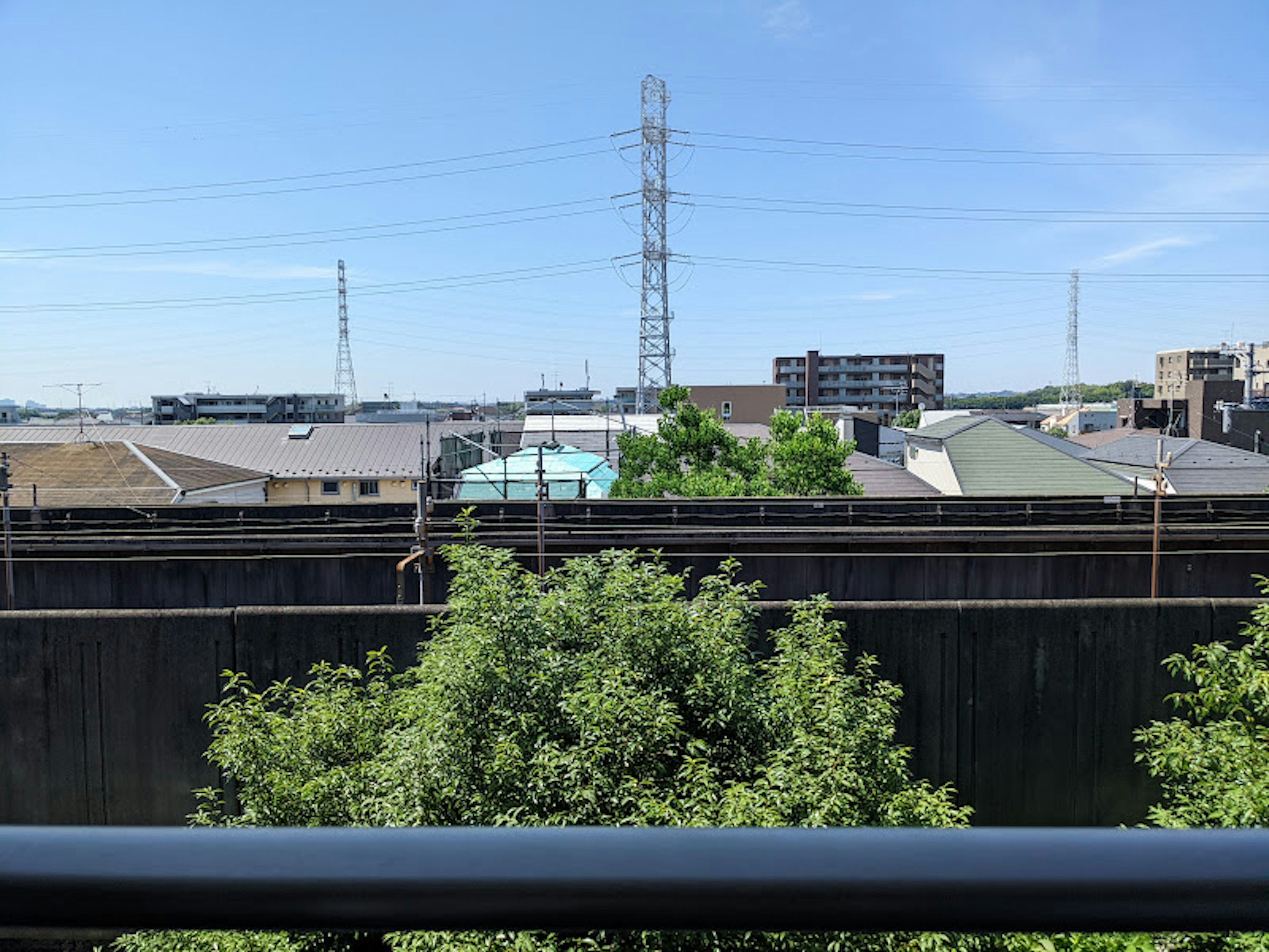 Urban landscape featuring green trees and blue sky with visible buildings and power lines