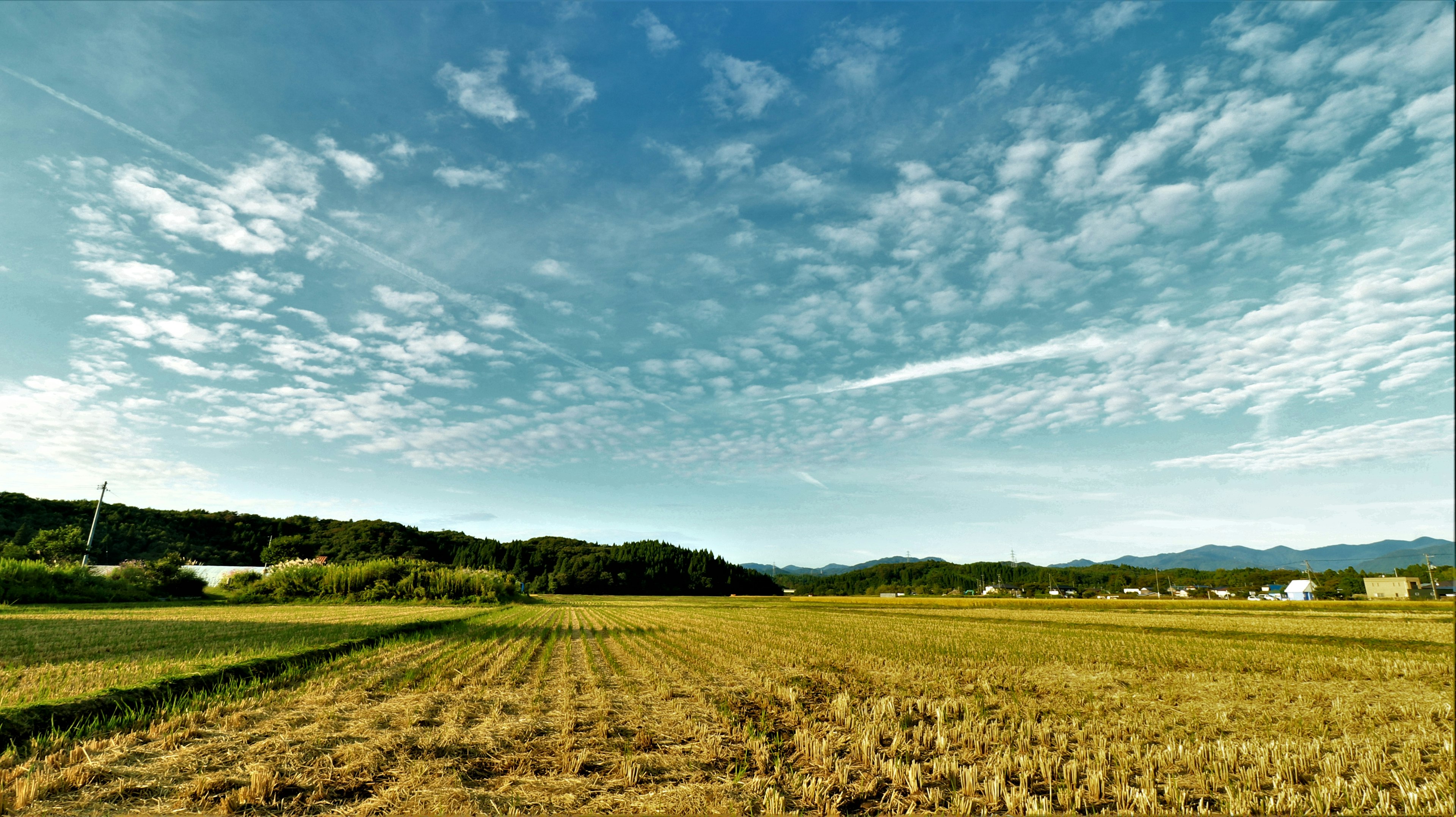 A scenic rural landscape featuring a blue sky and clouds