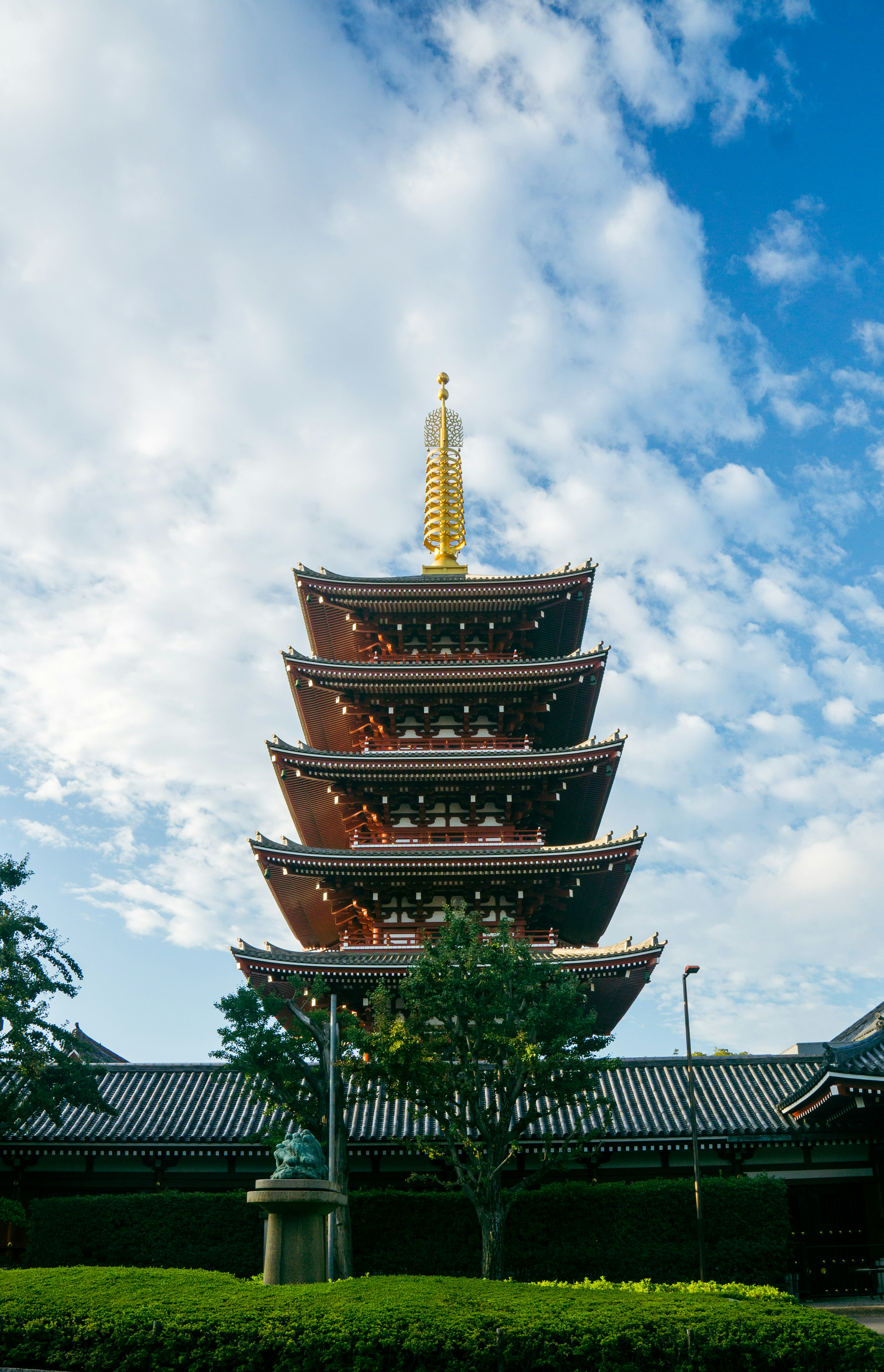 Beautiful view of a five-story pagoda with a blue sky backdrop