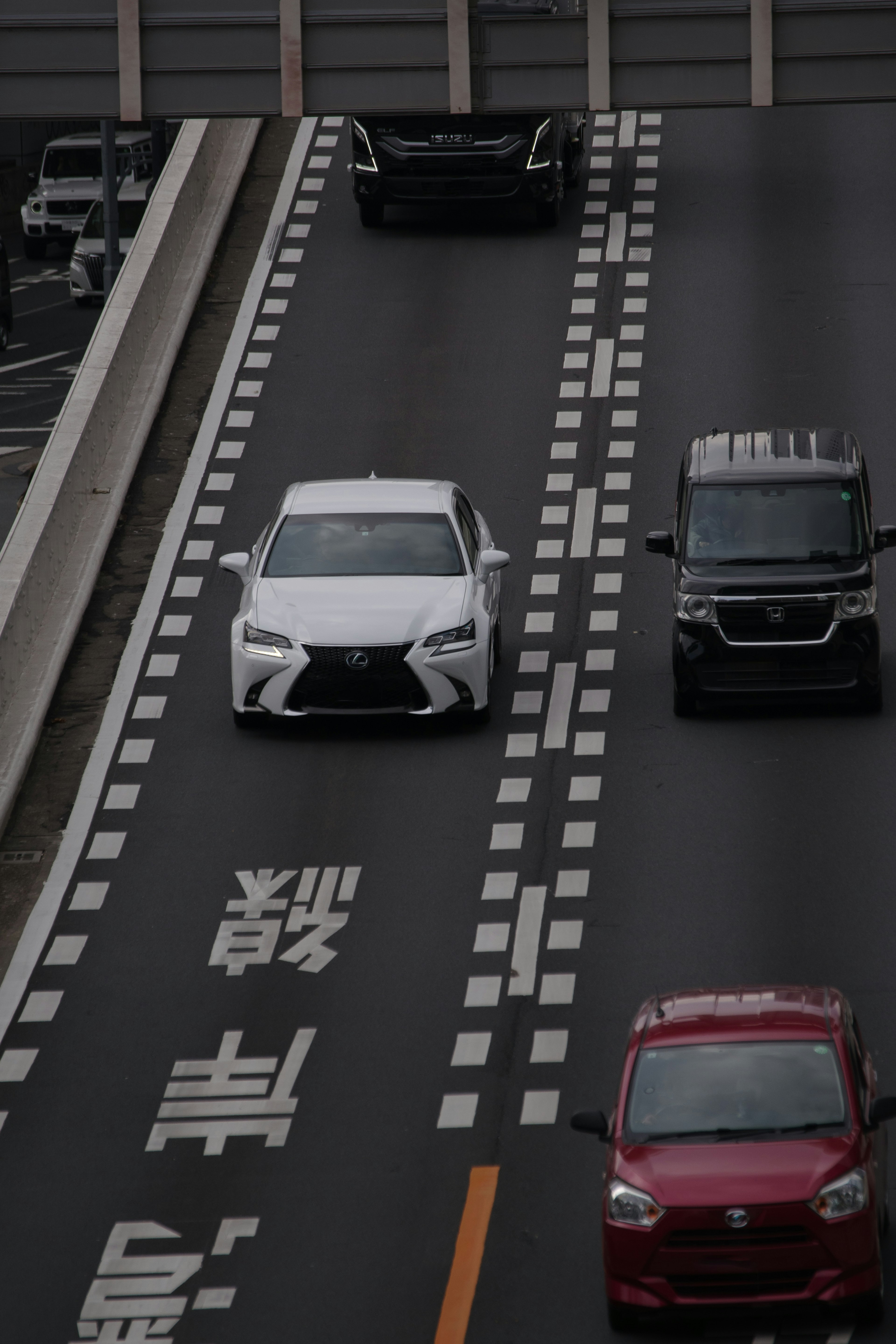 城市高速公路上的白色和红色汽车