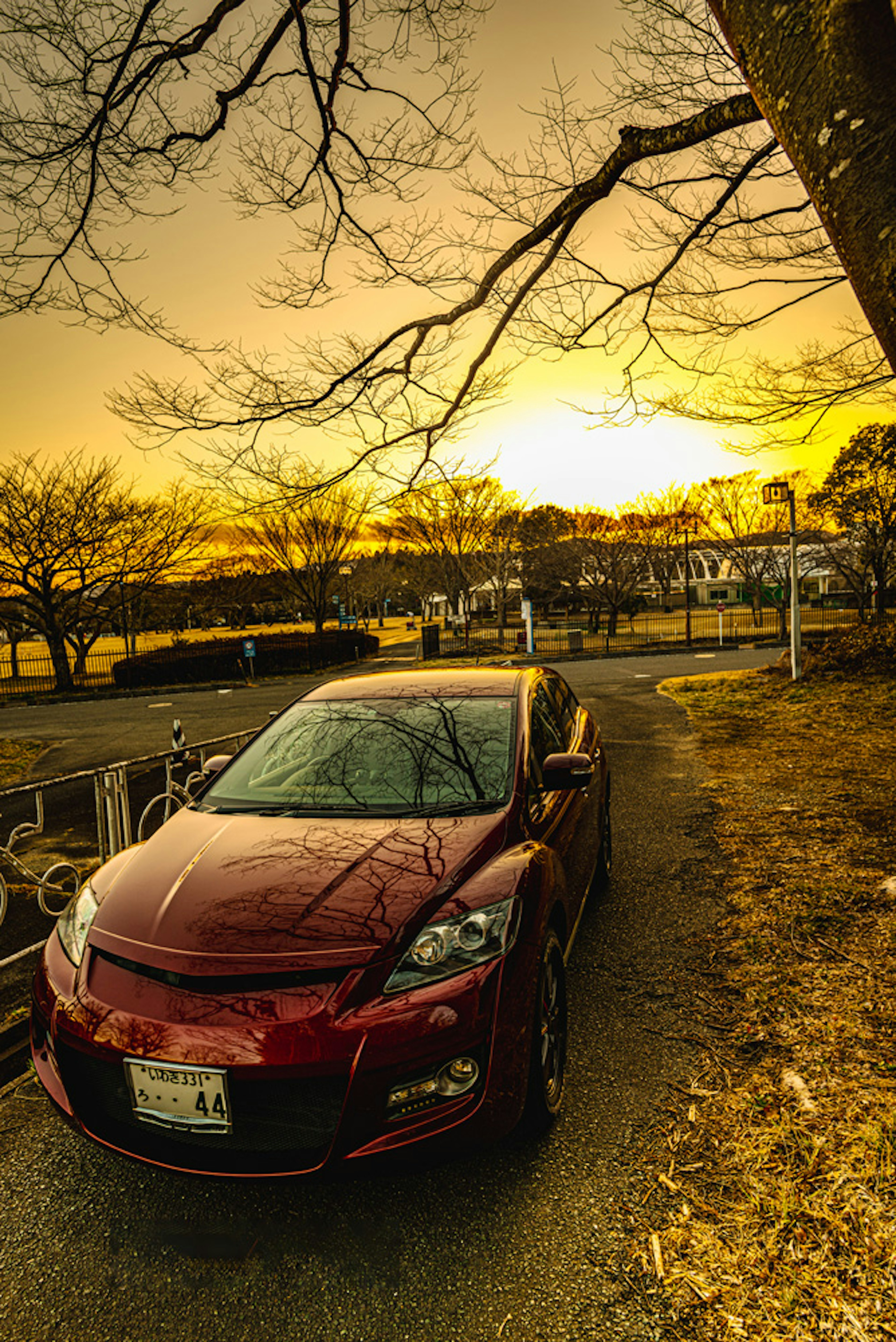 Rotes Auto am Wasser mit Sonnenuntergang im Hintergrund