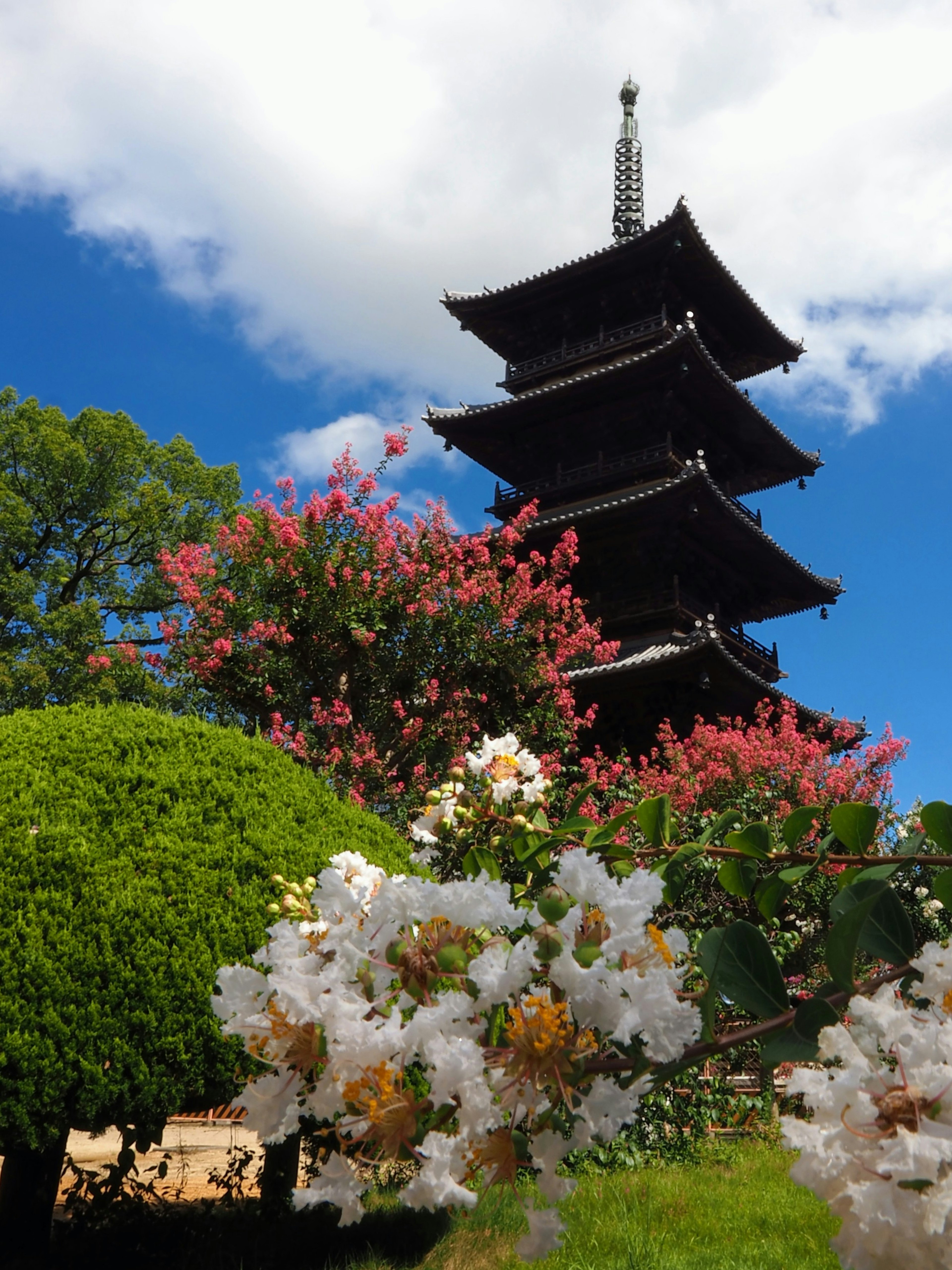 Hermosa pagoda rodeada de flores coloridas