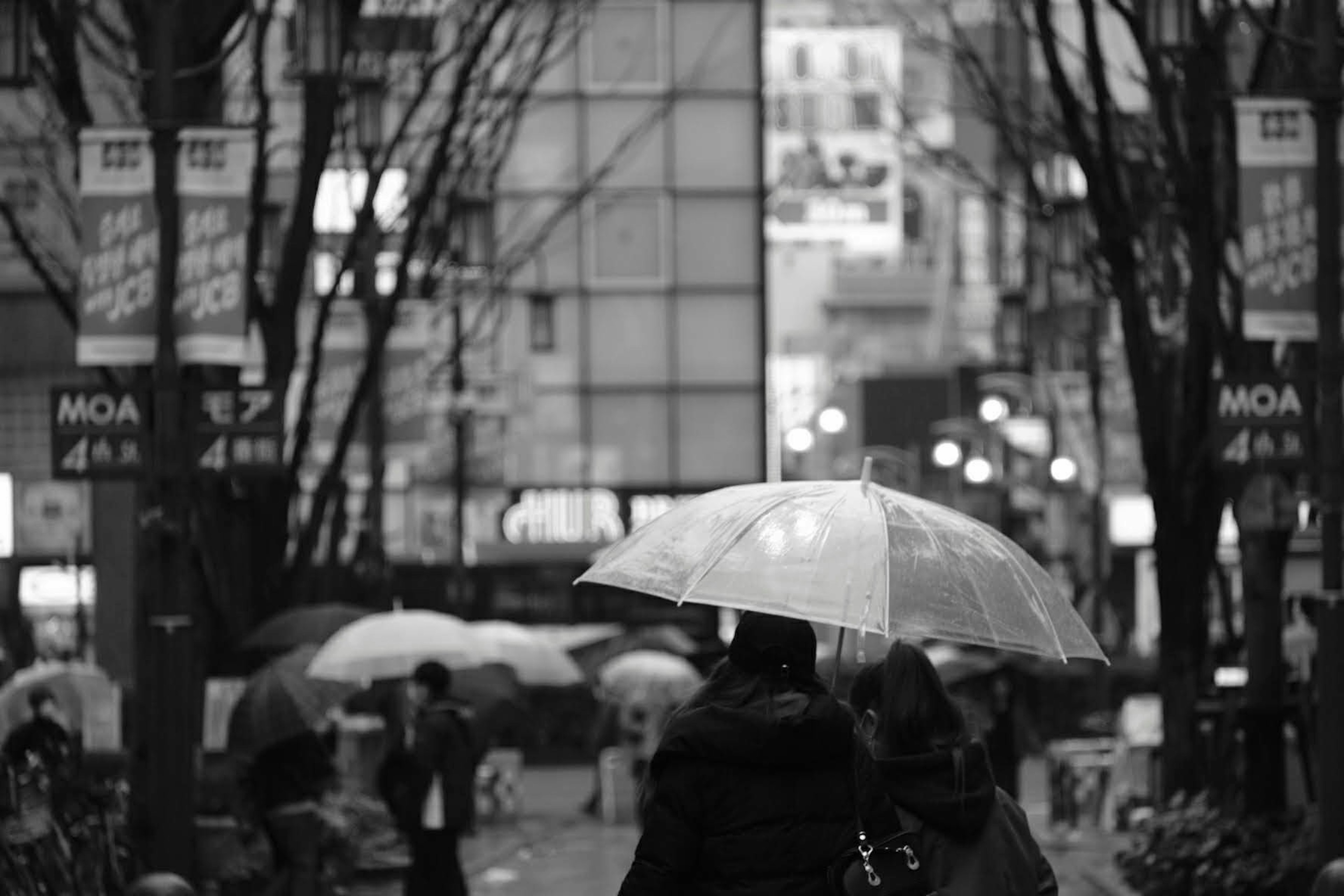 雨の中で傘をさして歩く人々と街の風景