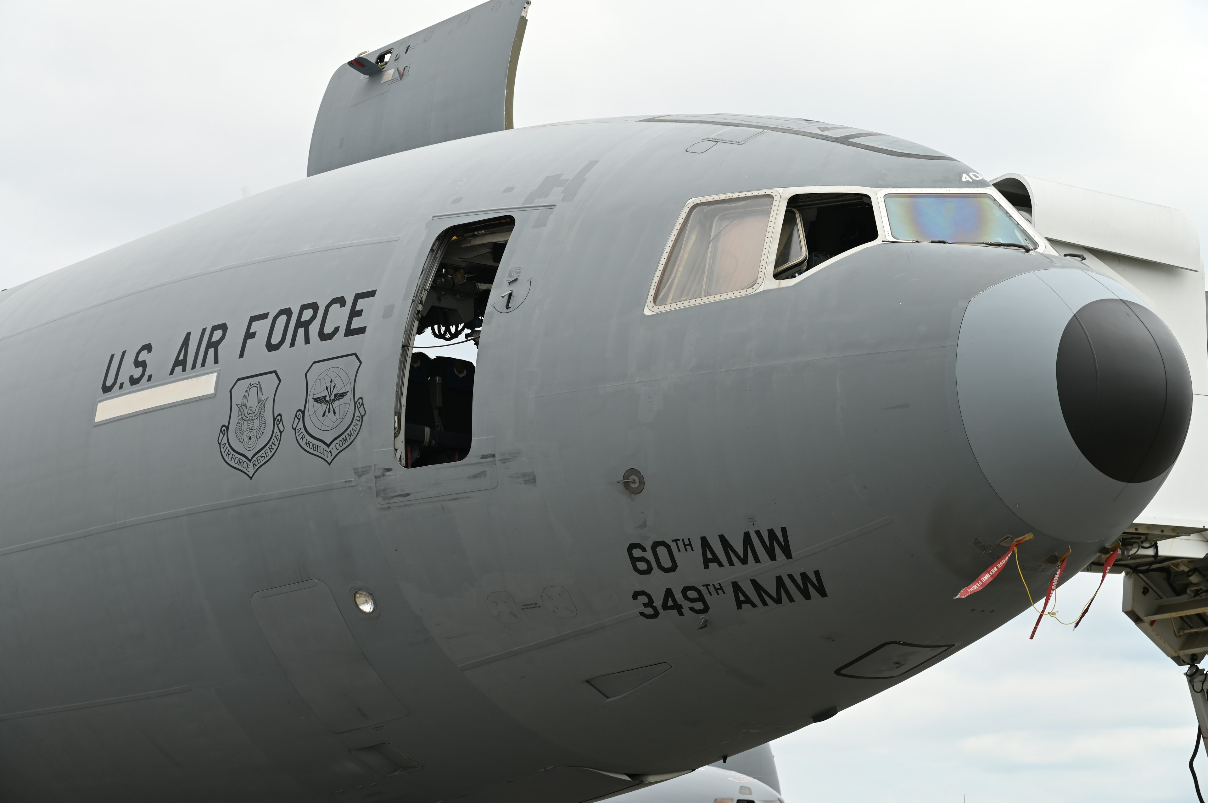 Cockpit section of a US Air Force aircraft showing pilot and controls